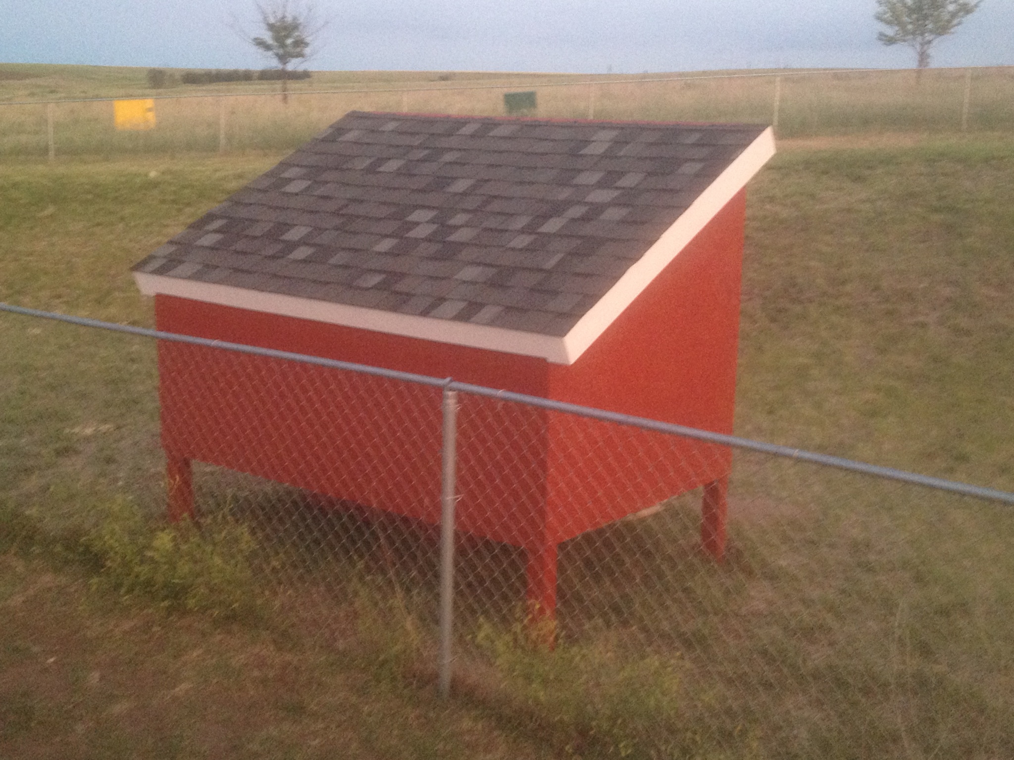 A shot of the coop with the roof shingled and completely painted for the first time.