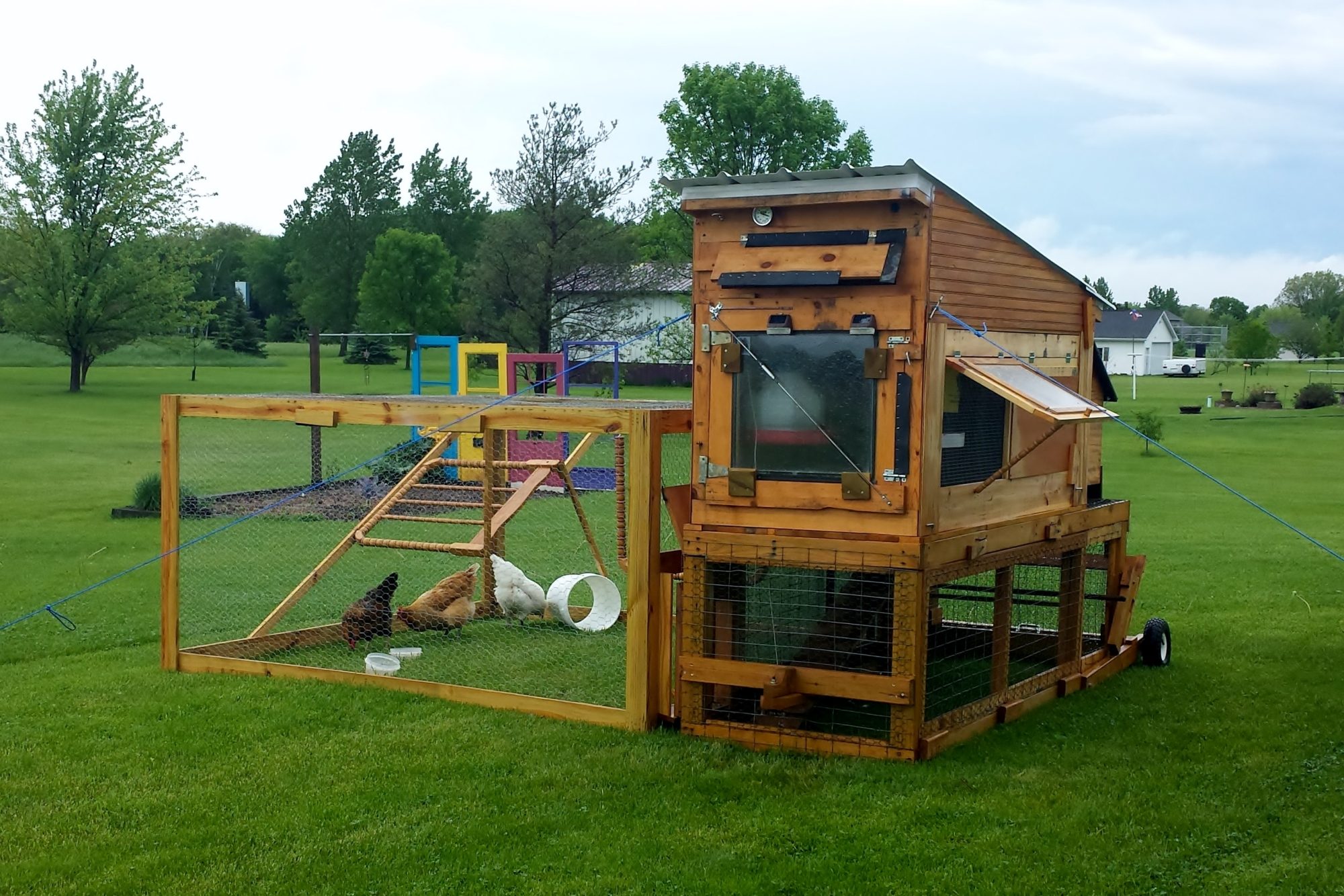 added 2 nesting boxes to the back, insulation and a metal roof to the top and additional vented screen doors to the sides to make up for the one we had to take of the back.  Should be much better in summer and winter