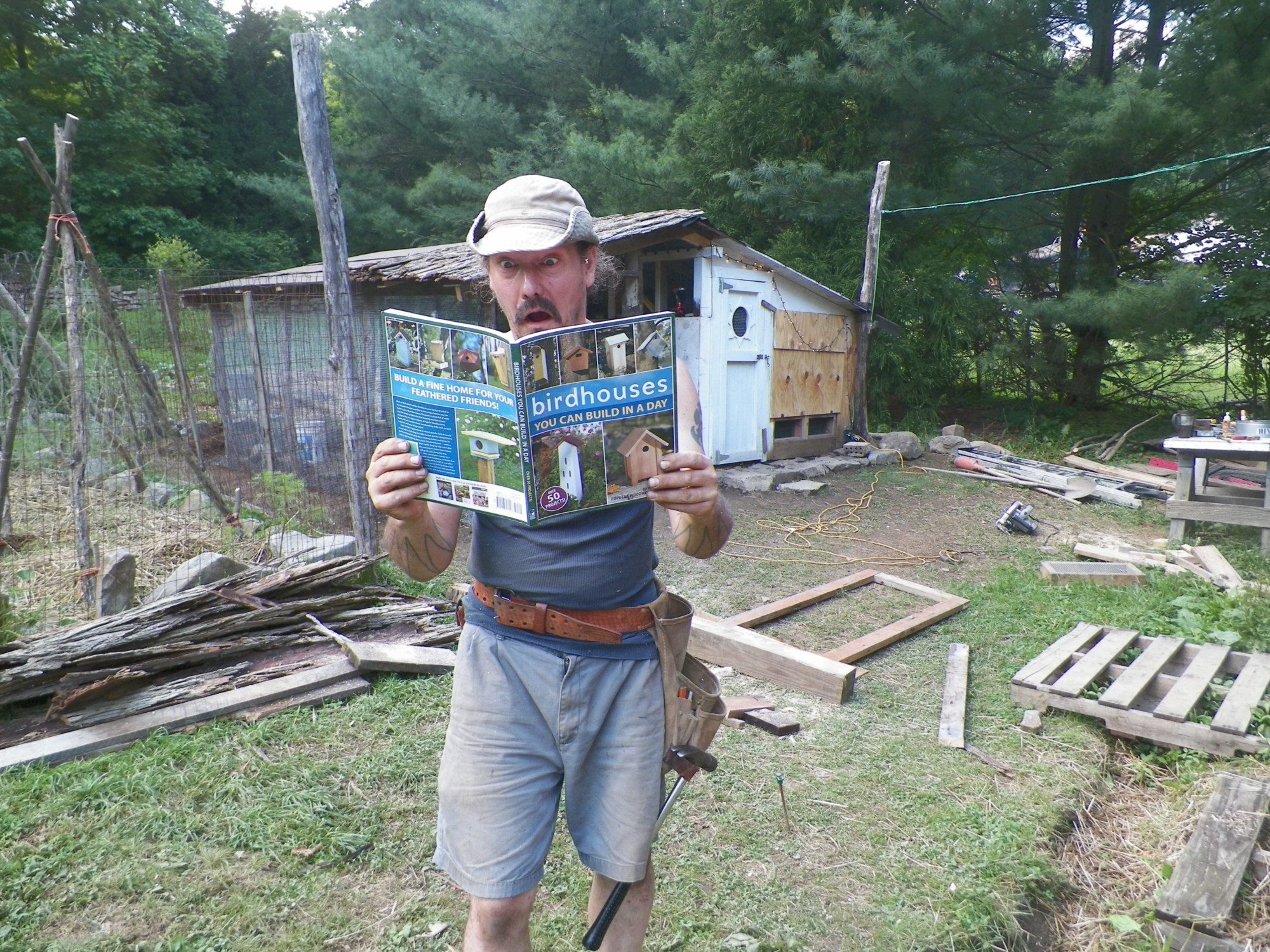 After days of work on my coop and run, our intrepid builder suddenly realize he may be going all about this the wrong way! Perhaps chickadees would be easier, or maybe wrens. We like wrens.