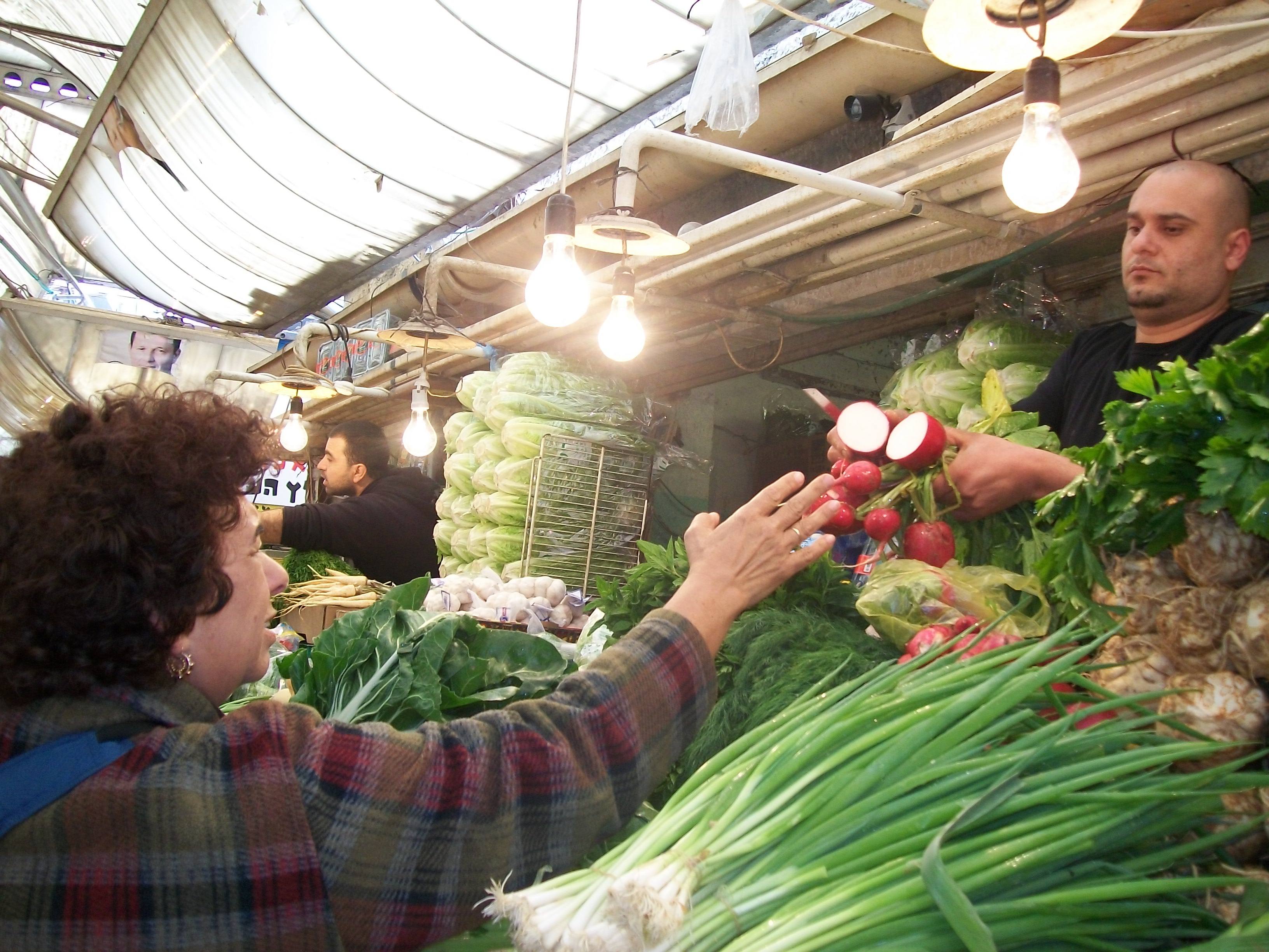 and she always ends it all with a smile, the guy through in some extra kholrabi (the green things in the back that look like aliens.  it is spring in this picture as there is green onion (scallion) up front, and parsley root, etc.. i bought 6! kilos of fresh garlic, for all winter.