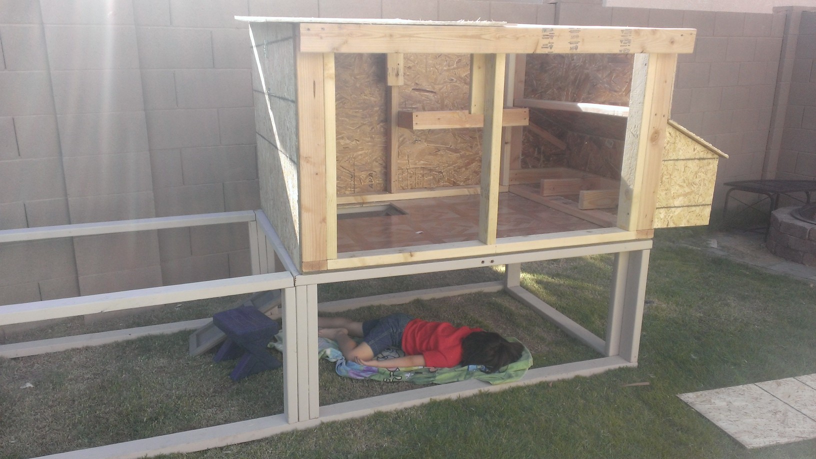 Apparently the labor f building a coop was too much for the four year old.