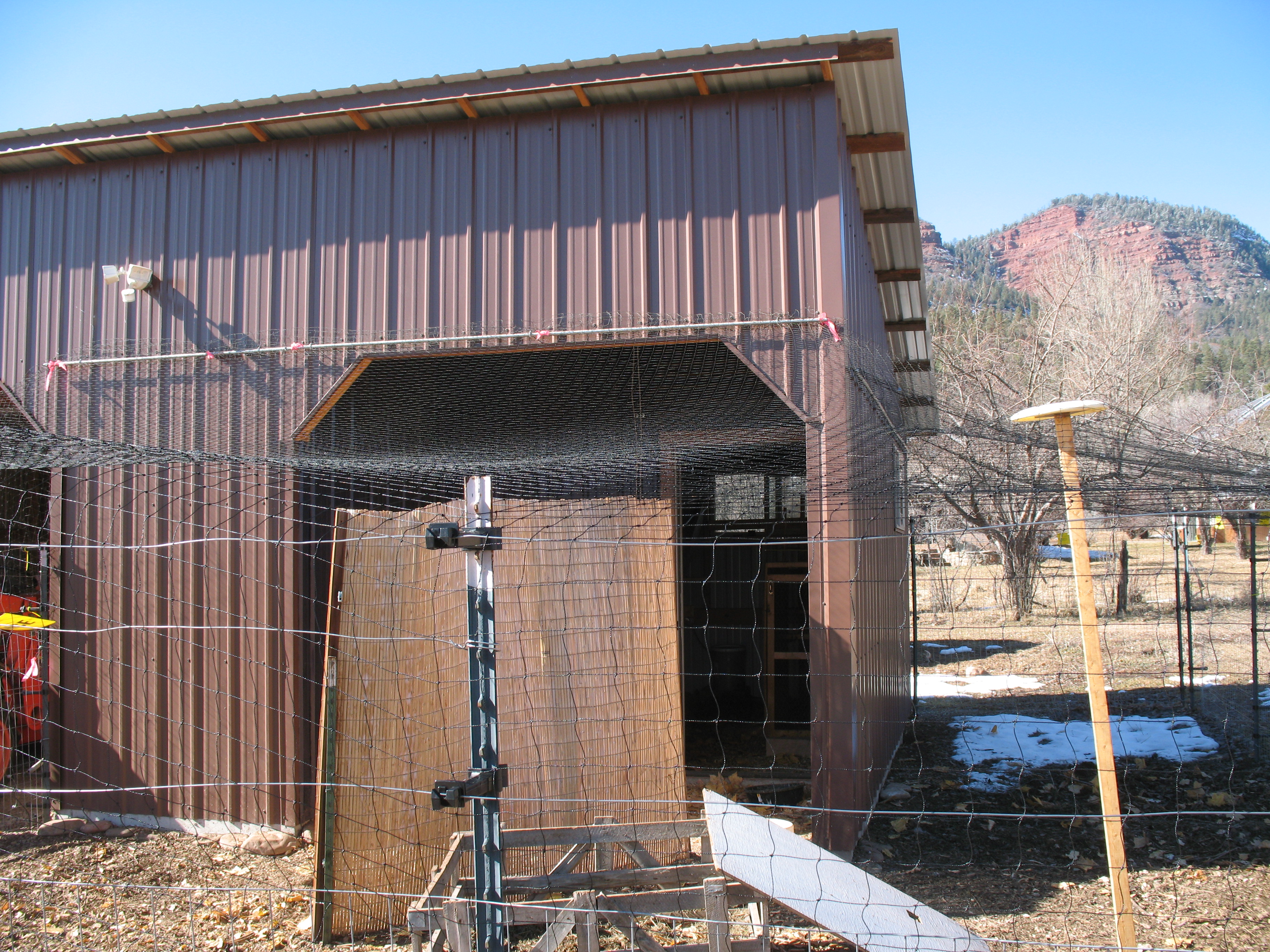 Aviary netting ($40 for 25X50') added to coop run with metal conduit and hooks screwed into building side. Zip-tied to fence.