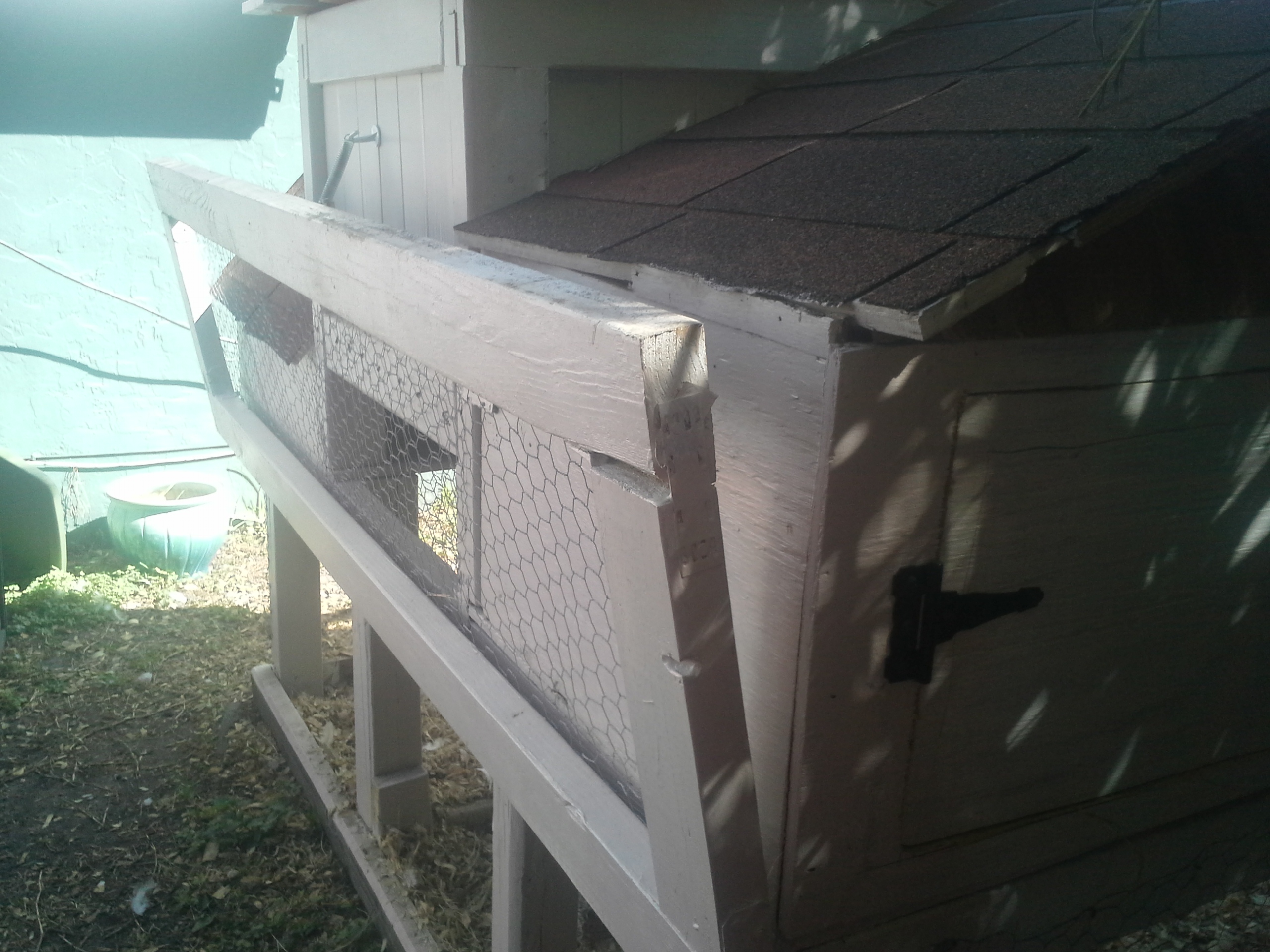 Back door held up and open for cleaning and feeding.
