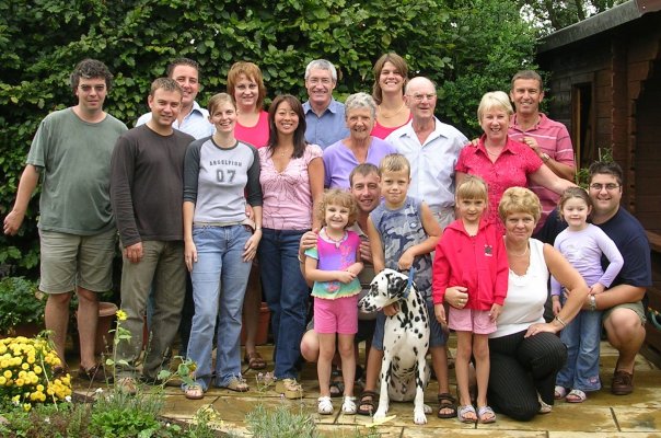 Back row left to right:
My Dad,
Cousin Simon, 
My Mom,
Uncle Alan,
Cousin Debbie,
Uncle Peter,
2nd Row left to right:
Cousin Mark,
Cousin Martine,
Cousin Jen,
Nanny,
Grandpop,
Auntie Liz,
1st row left to right:
My little sister Bridget,
Cousin Charlie,
Cousin Lee
Scooby (the dog),
Me!,
Auntie Marilyn,
Cousin Isabella,
Cousin Martin.
Sorry that these are soooooooooooooo old! 2005