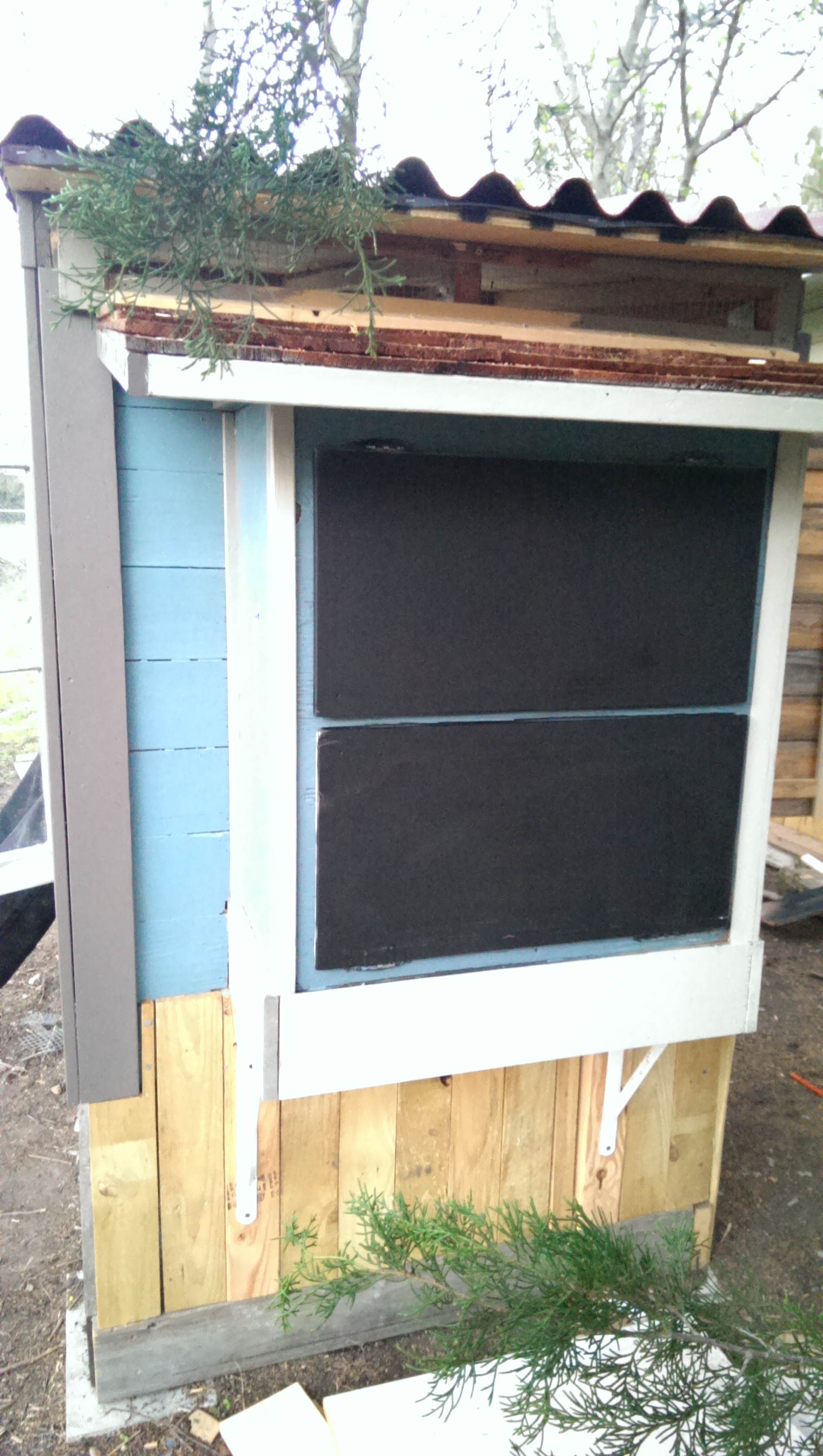 Back view of the egg collecting boxes. Decided to paint them with chalkboard paint so we can write the chickens names and their weekly egg talley...we'll see how that works out.