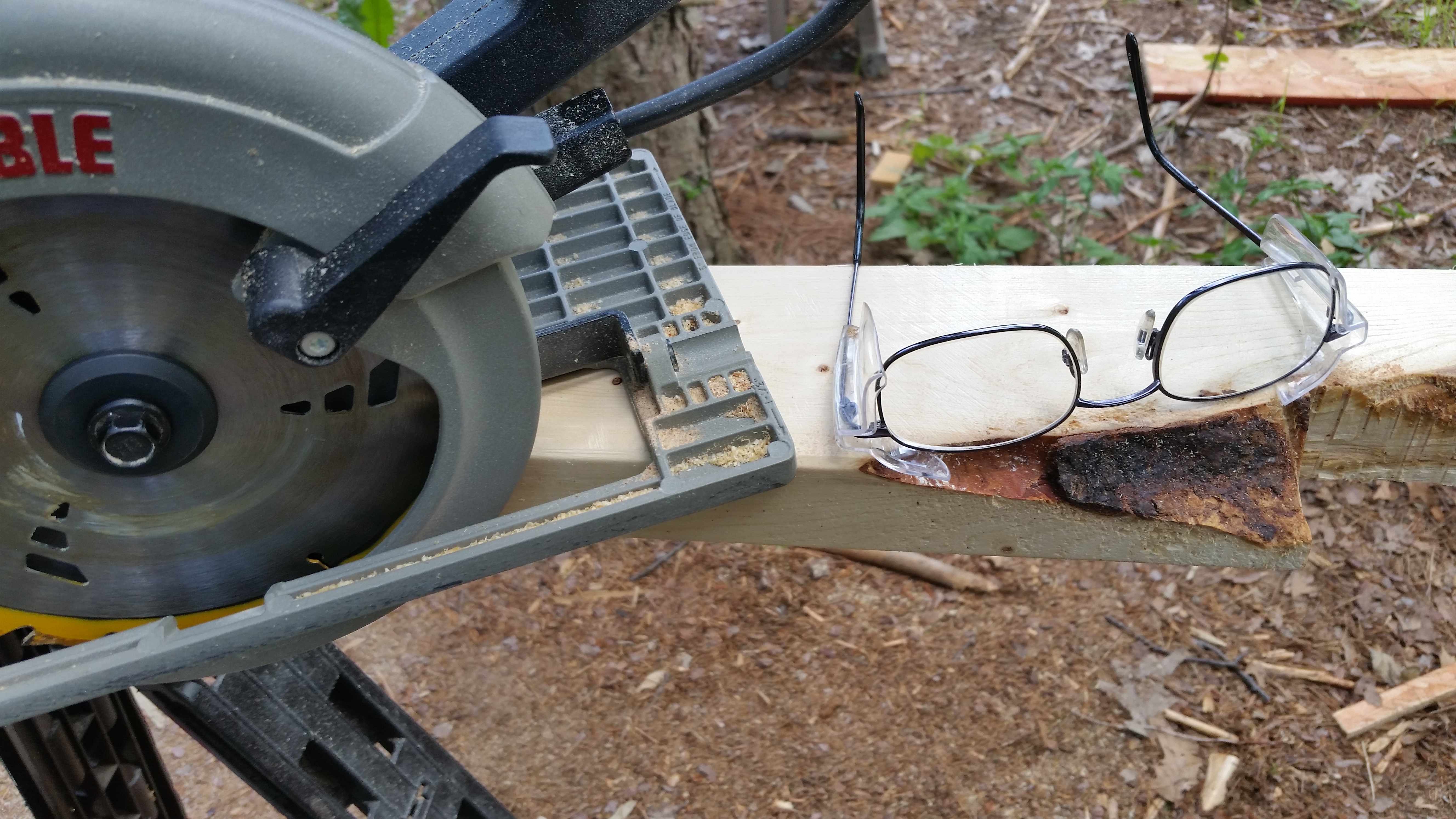 Because of my years working in the emergency medical field, I know the value of good safety equipment.  I was cutting a kerf in this 2x4 when what looked like a small knot exploded in my face.I had several shrapnel welts on my face, and the right lense on my safety glasses was hit so hard, it pushed the glasses up on my nose.  I'm pretty sure my eye would not have survived a hit like that.