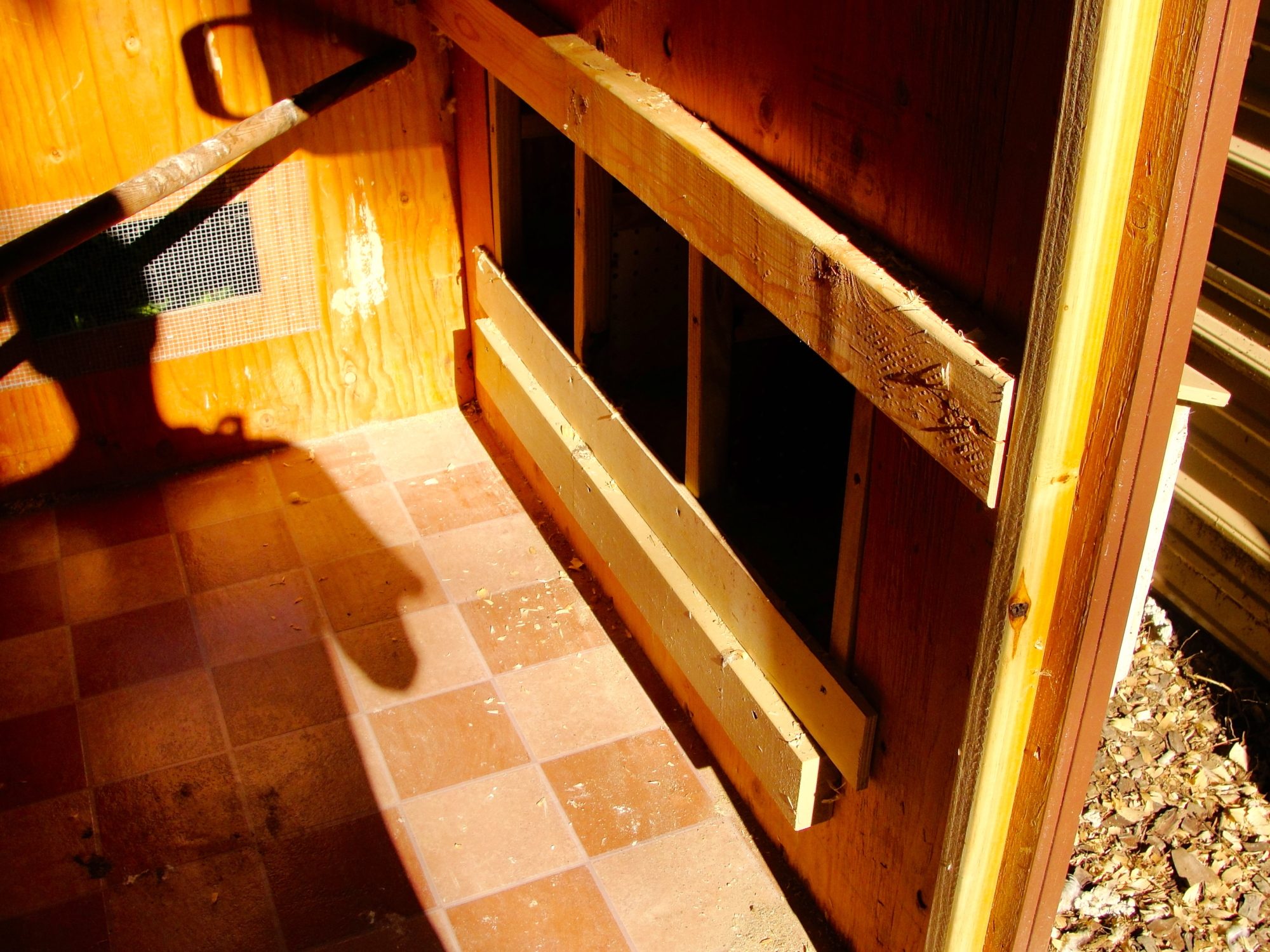 Bottom 3 nesting boxes and the cornish hen's (Momma) roost. we built and added these to the hen house.