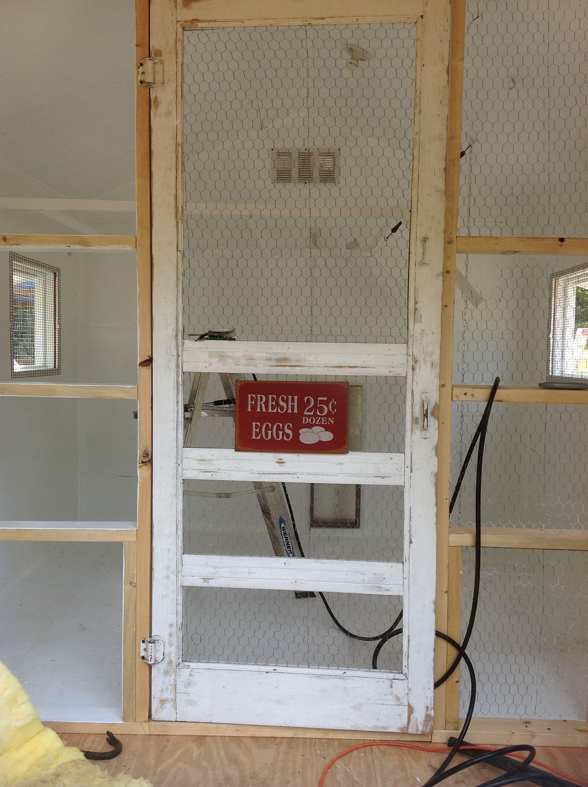 Bought a storage building and converted it to our coop!  I wish I could be one of those people who used all recycled products and only have a few dollars in their project but that is not the case here!  I did