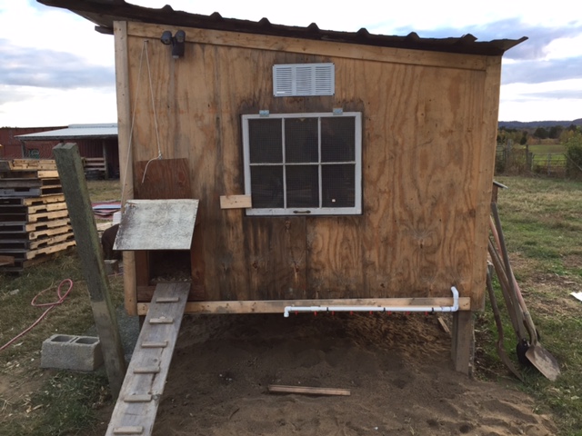 Chicken door and ramp. PVC waterer with poultry nipples for outside in the future run. Windows prop open, covered with hardware cloth. Some sand is put down already that I got for free off of Craigslist. Battery operated motion sensored light to help scare of potential predators.