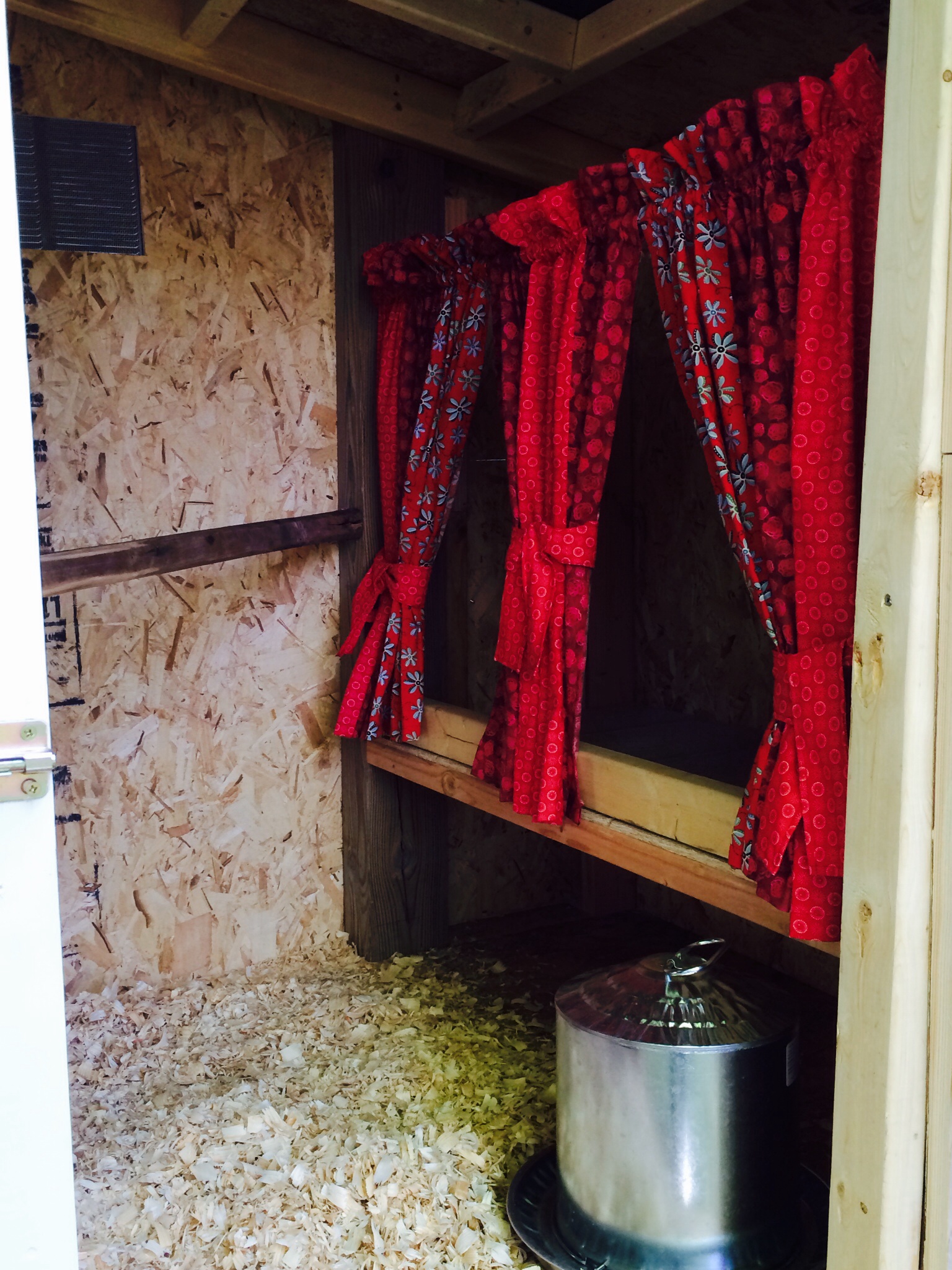 City chic curtains.  The hens have privacy and style for their nesting box.