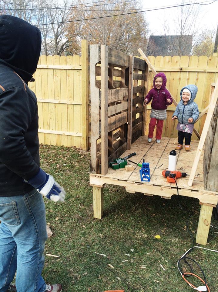 Cluck, Cluck, Cluck, Do the chicken coop dance! ;) 
The base and side pallets are up. Two pallets fit perfectly for the 8' length (ended up being about 80" actually)
Nov 7 2014