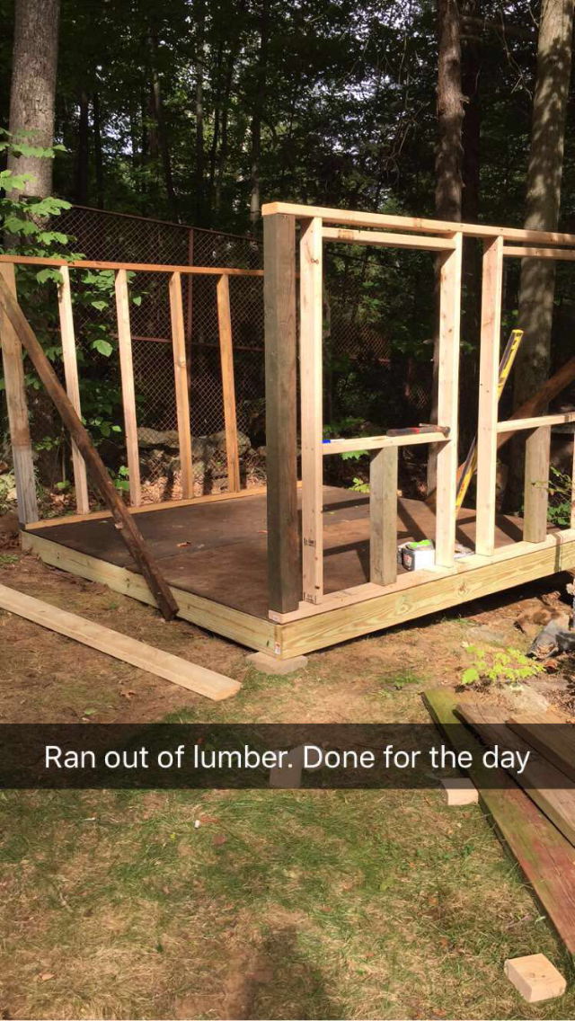 Corner posts are 4x4's and the north wall is a solid wall with no windows.  South and East walls each have two big windows that will be able to pop open for fresh air, and latched shut in the winter.  West wall will have one window and the door.
