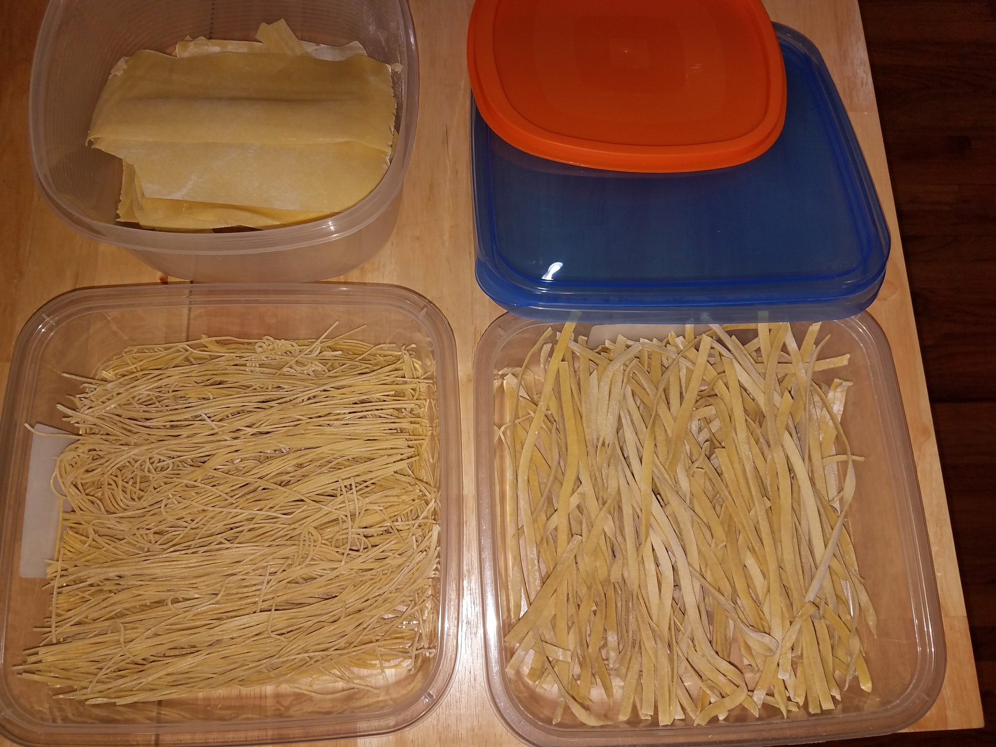 Counterclockwise: Lasagna plates, Spaghetti and Fetuccine