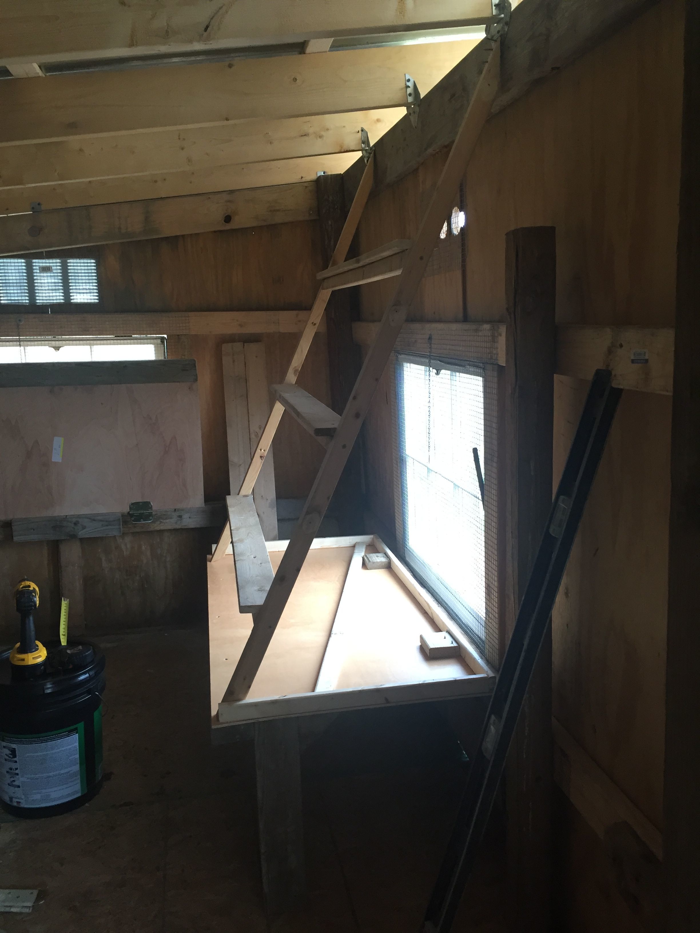 Current progress. Roof is on, no leaks. Yayy!!! Like I said before, I am no carpenter. Just the basic knowledge of how things work. 
Cut the 8' long roost in half, installed two 4' roost over top of poop boards. Booth roosts are on hinges and lift up and secured to rafters. Poop boards are on hinges as well. In theory when I clean the coop out in its entirety everything should for the most part be out of the way.