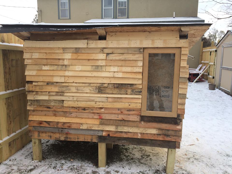 Daytime photo of 2nd side finished! (Facing west) Shingles are also installed, just need to install soffits (using pallet wood)
Nov 12 2014