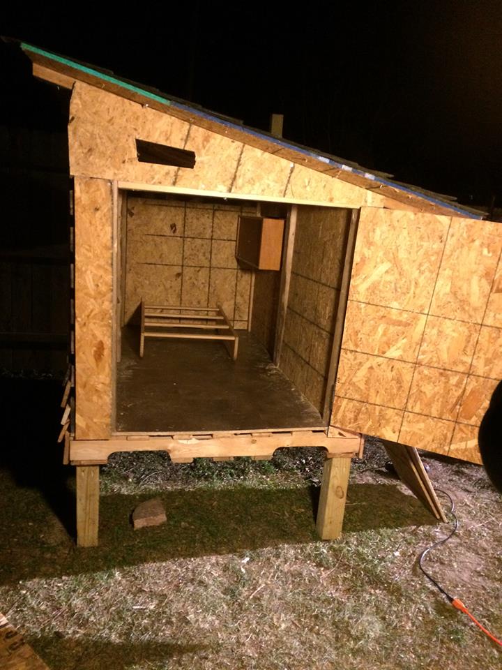 Door attached, ventilation cut on one side, inside plywood installed (to keep poop and dust from getting stuck between plywood slats and help keep the coop warmer - we aren't heating or insulating the coop!)