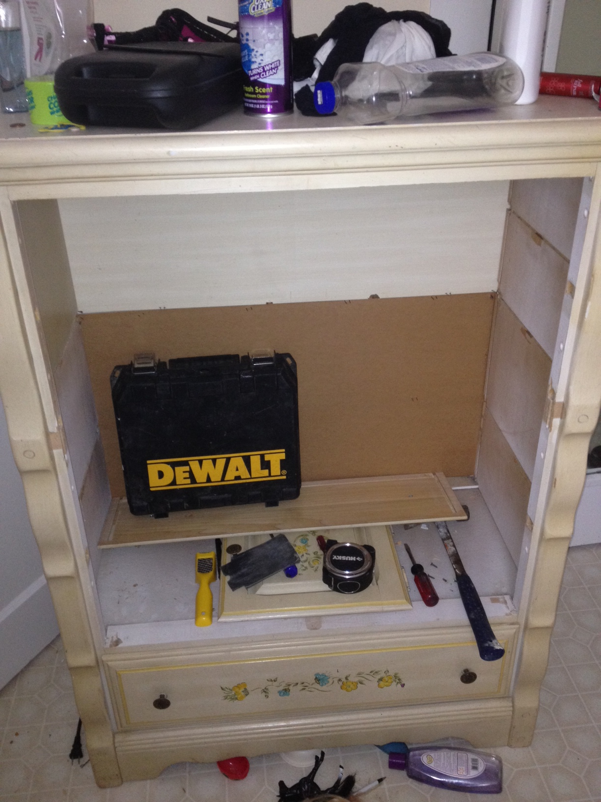 Dresser after I removed the drawers and gutted the inside. I left the bottom drawer intact for some storage.