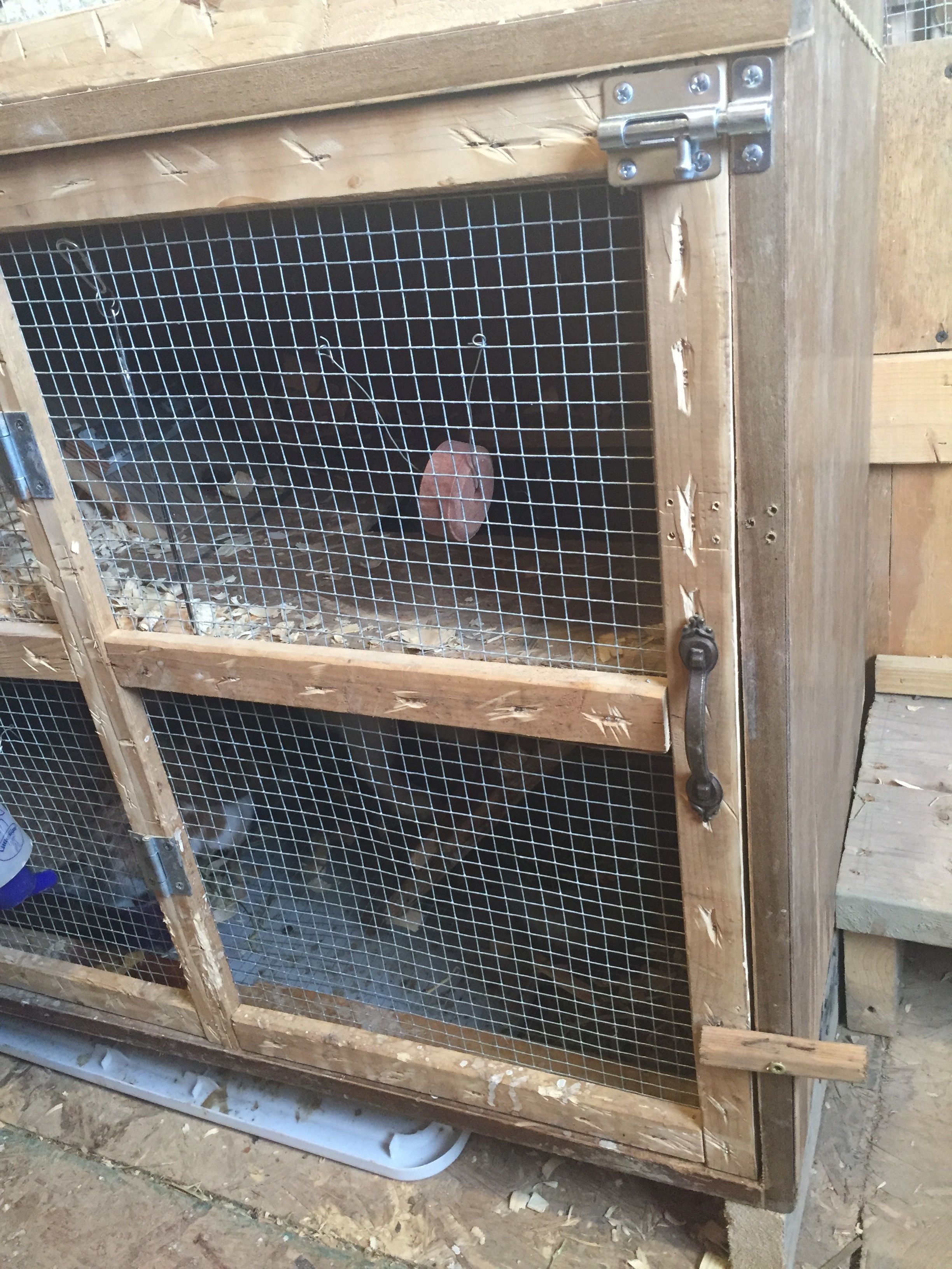Dresser turned into a rabbit hutch. Hole was cut into the hardware cloth and back of dresser, connecting the hutch to the coop interior. Sliding door shutting of hutch from coop when needed, small ramp leading down to the coop floor on opposite side.