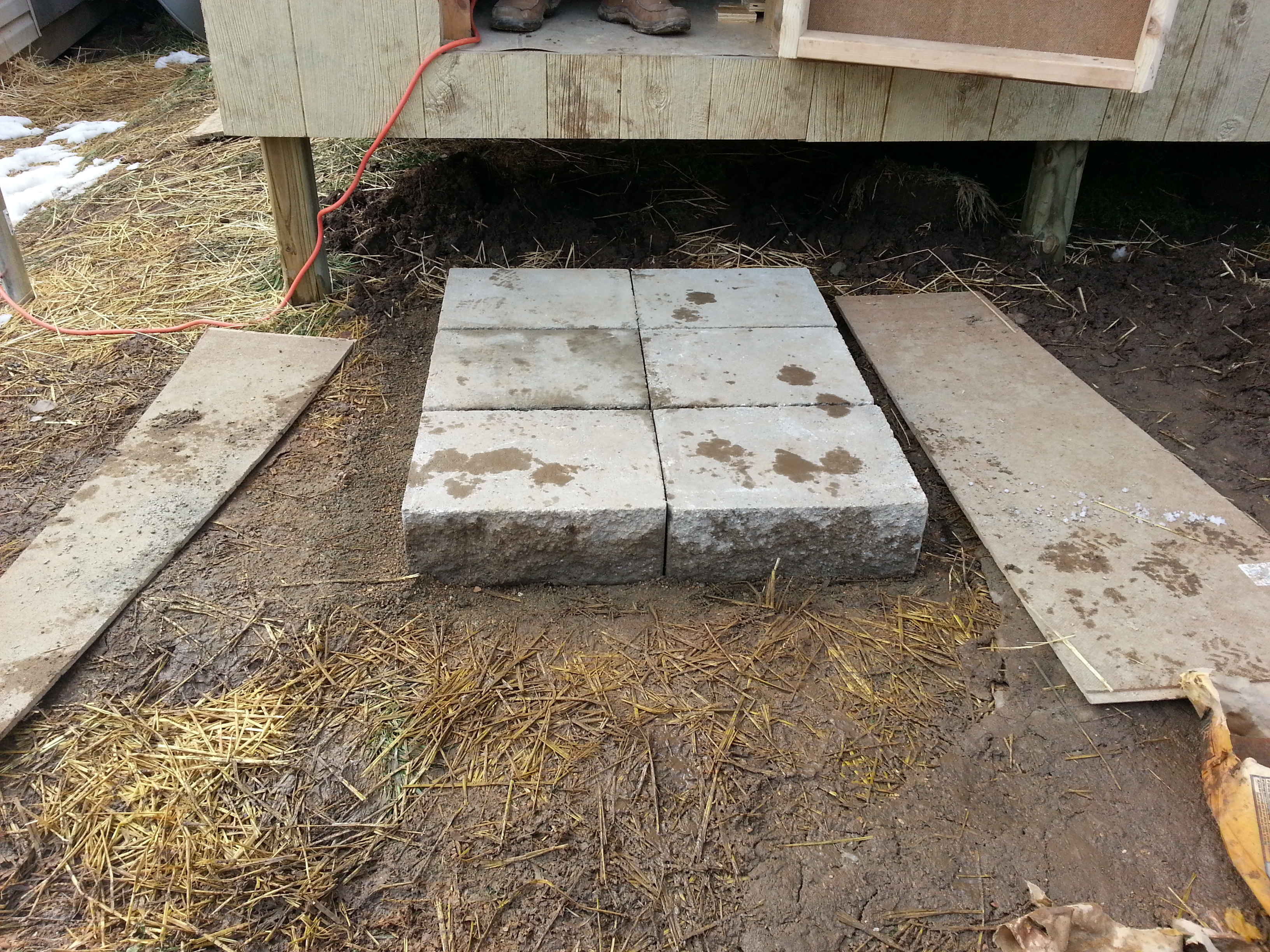 Dug out 4 inch deep 36" x 32" hole. Used quickrete instead of minus just because I had the concrete readily available.