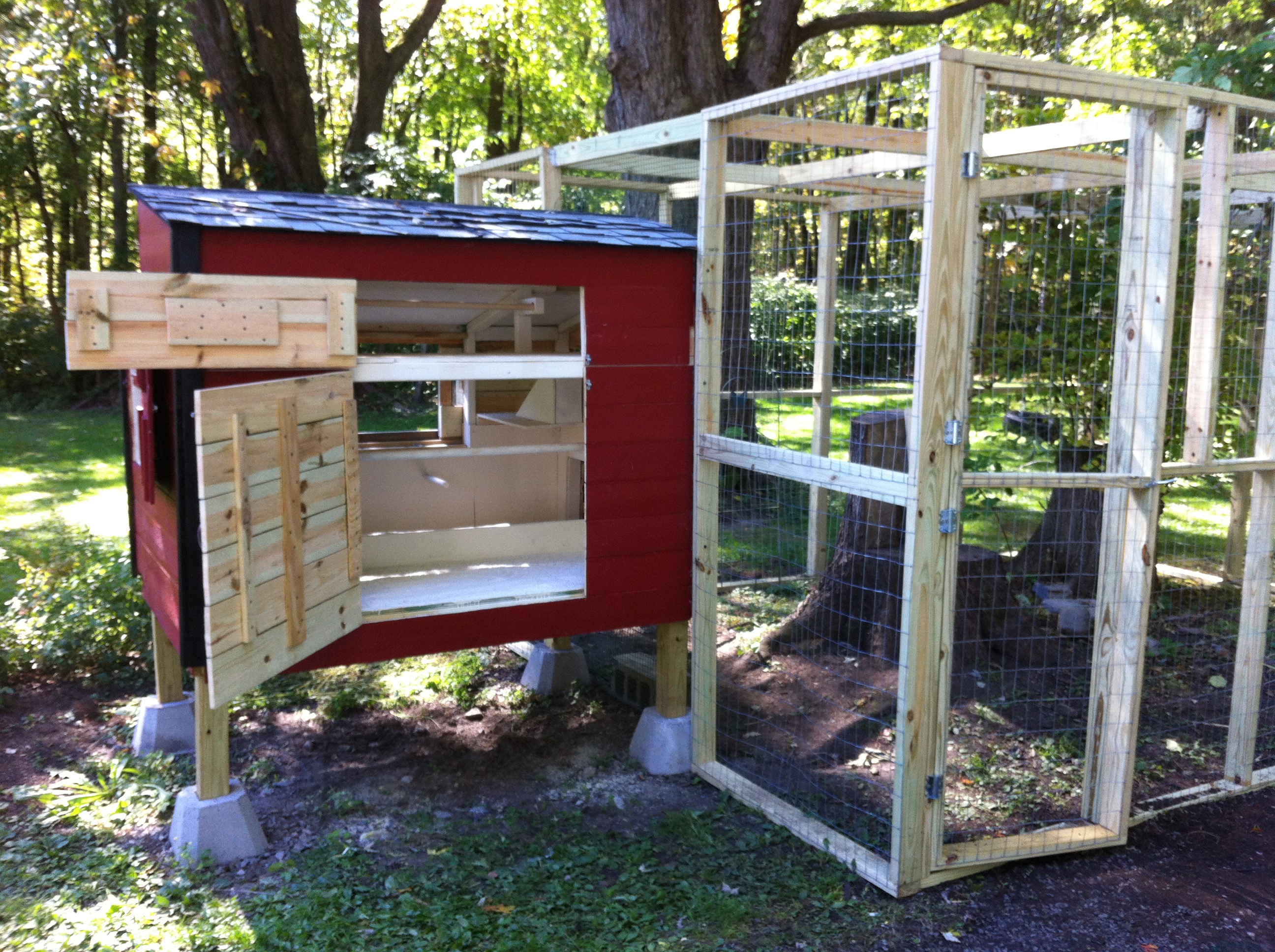 Easy access, but also easy for the chicks to bolt outside and no protection for me in the rain and snow.
