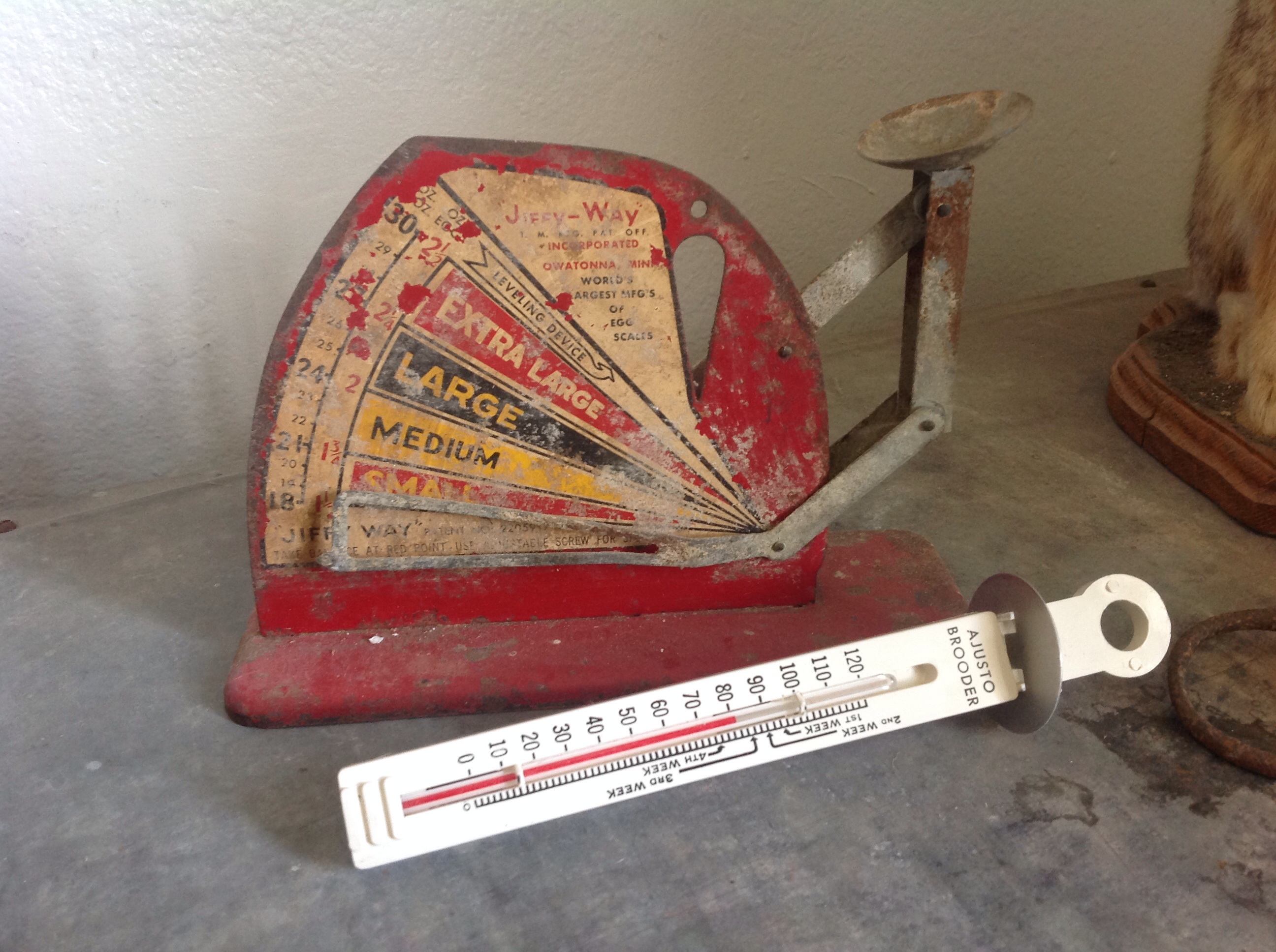 Favorite poultry antiques, fresh from Grandmas farm! "Jiffy-Way Egg Scale" and "Adjusto Brooder Thermometer"