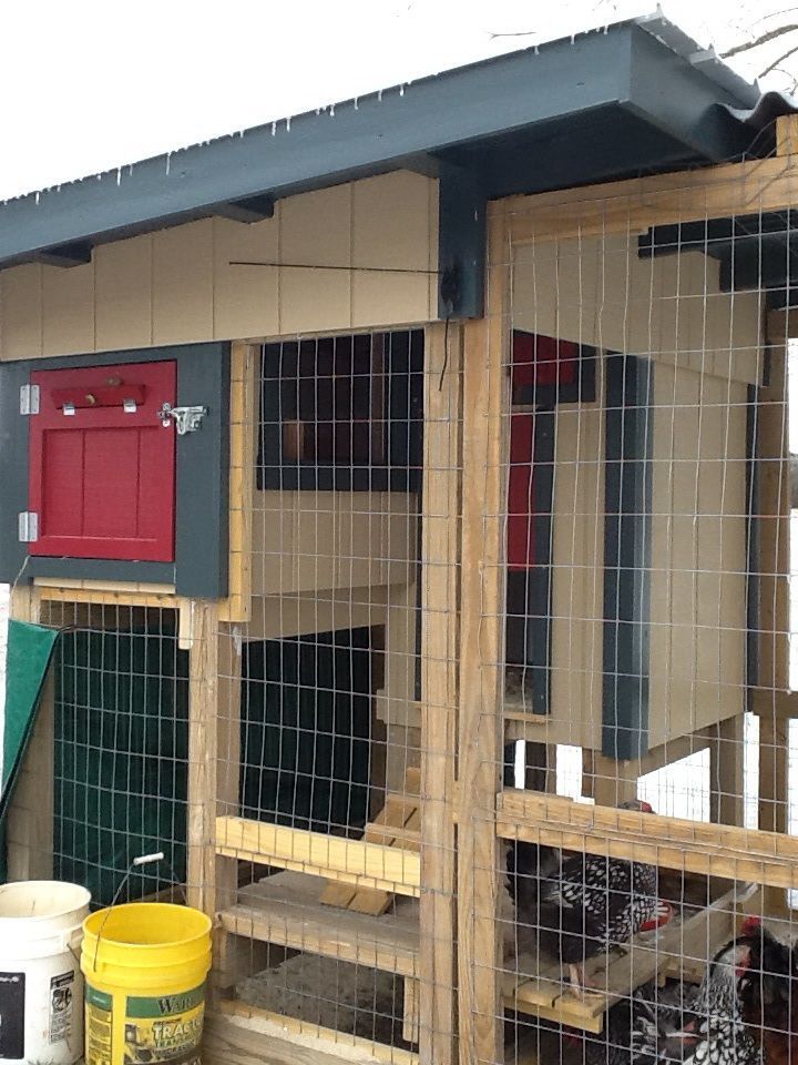February 2015.  For split level coop used to be the children's play structure.   We closed in the sides, added a roof, ans used plywood over the floors inside.  We installed a salvaged window for light and made rhe ends open up with doors for easy cleaning.  The red door pictured allows access to the hen boxes for egg retrivial.