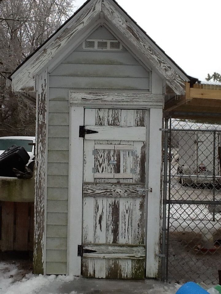 February 2015. Our newest coop.  We converted the old pumphouse and an unused dog kennel for a quick and inexpensive addition to the chicken community developing in our backyard.