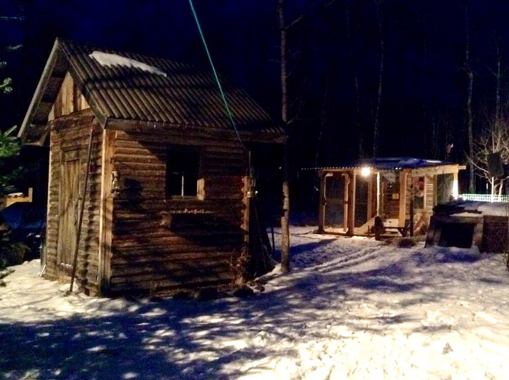 Feed shed on left in foreground. Run and coop in the background. Compost bin on the far right (low brown structure)