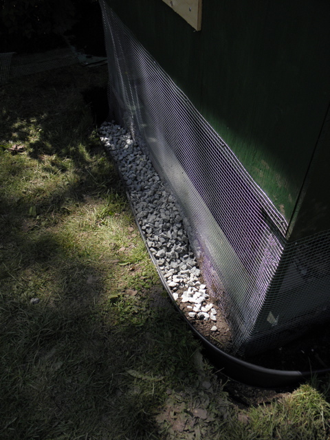 Filled it up with dirt at the bottom, then crushed rock for the top 6" or so - it's a damp spot on the slight slope, so this should keep the inside run nice and dry in the winter.