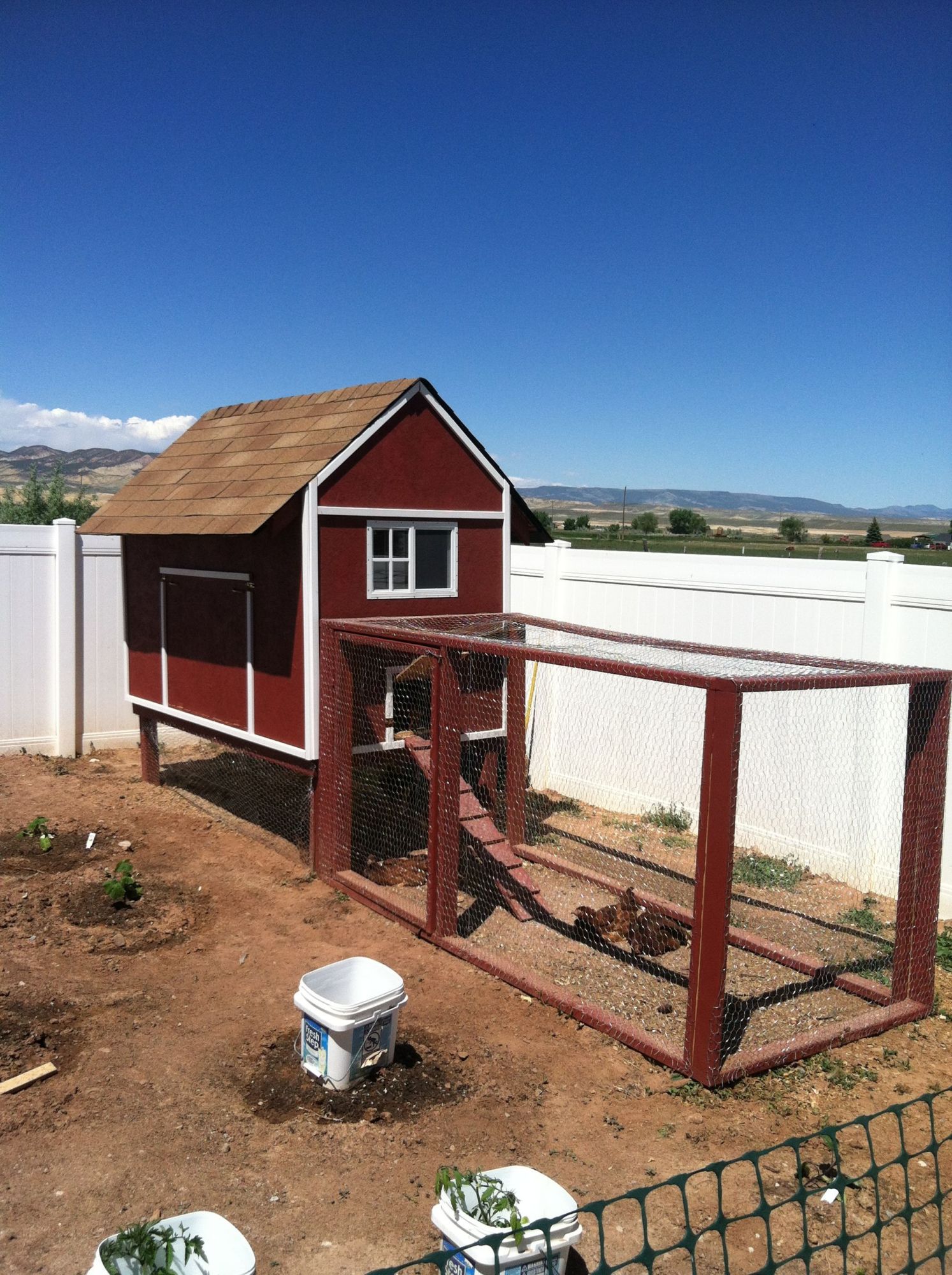 Finished coop.  Built 3 removable nesting boxes inside the coop.  Easy access via drop down doors on each side.  Our 3 year old collects our eggs each morning.