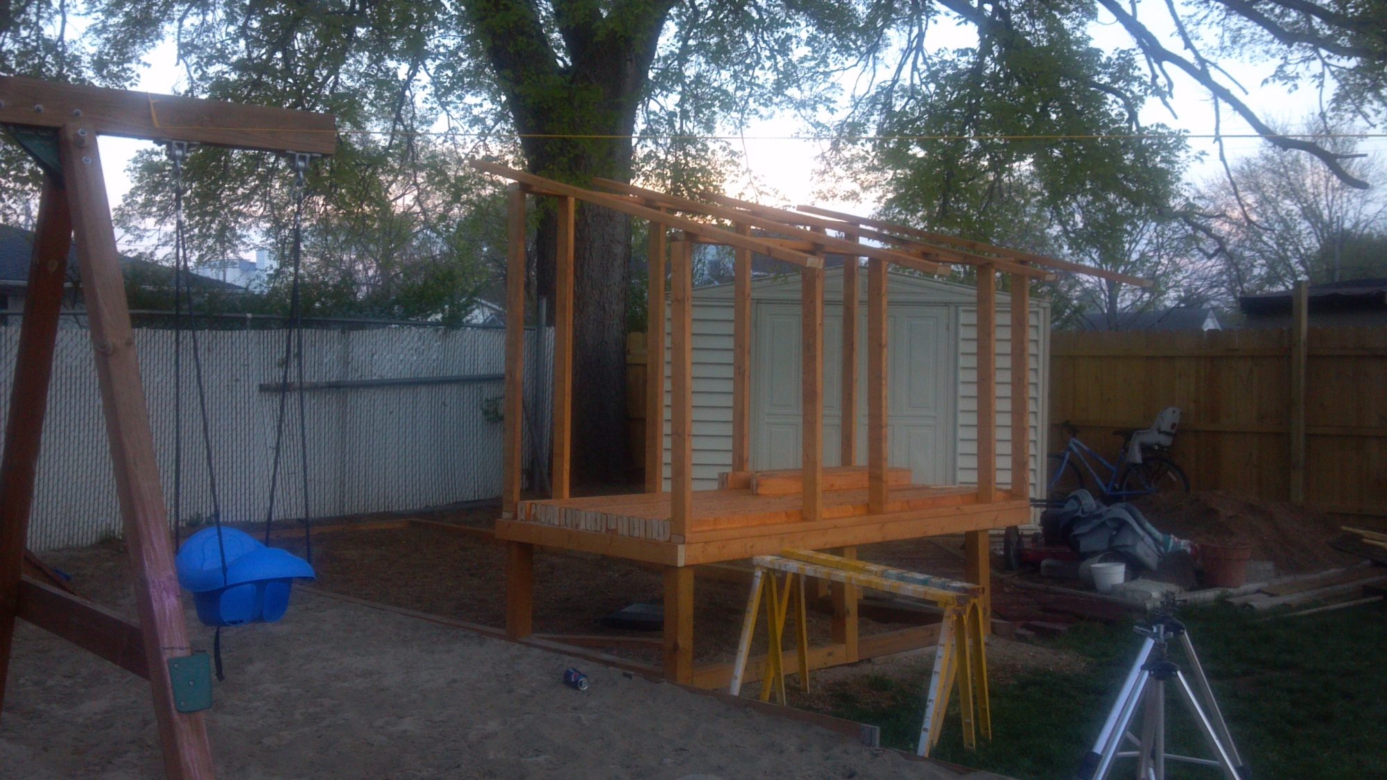 Front and back frames up and roof slats.... 4x8 coop w 16ft run attached under a large tree.