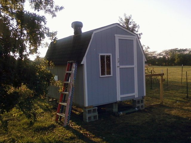 Front side with new single door. the birds love the raised barn, underneath stays nice an cool in the summer months.