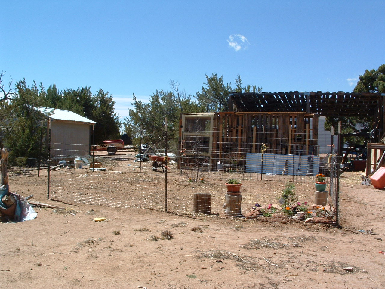 Garden area and chicken run and coop. And my puttering/planning/work area.