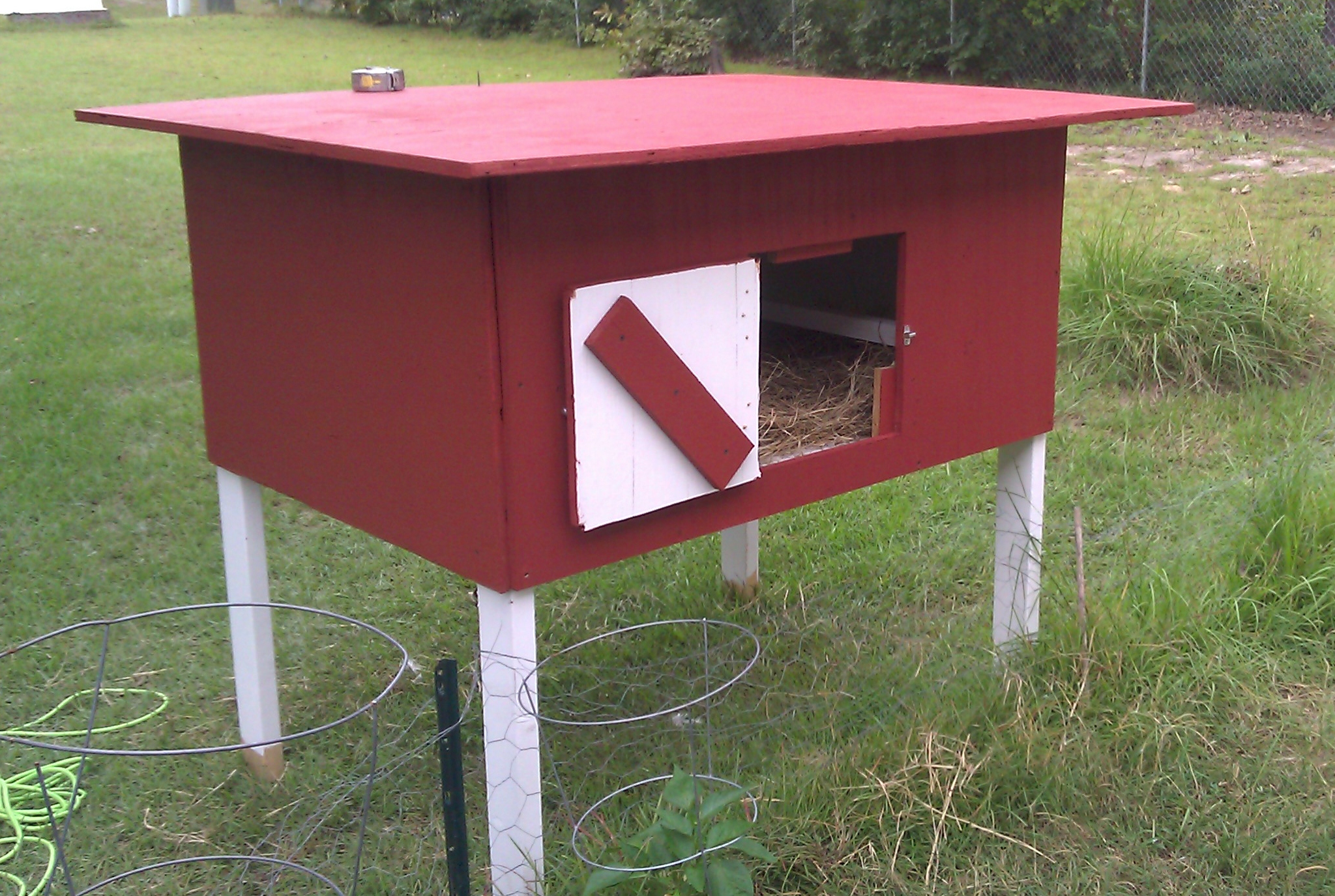 have it assembled, just have to put on the trim, cut out the window, add the roof vents, and add a ramp. this is the girls door with access to the garden.