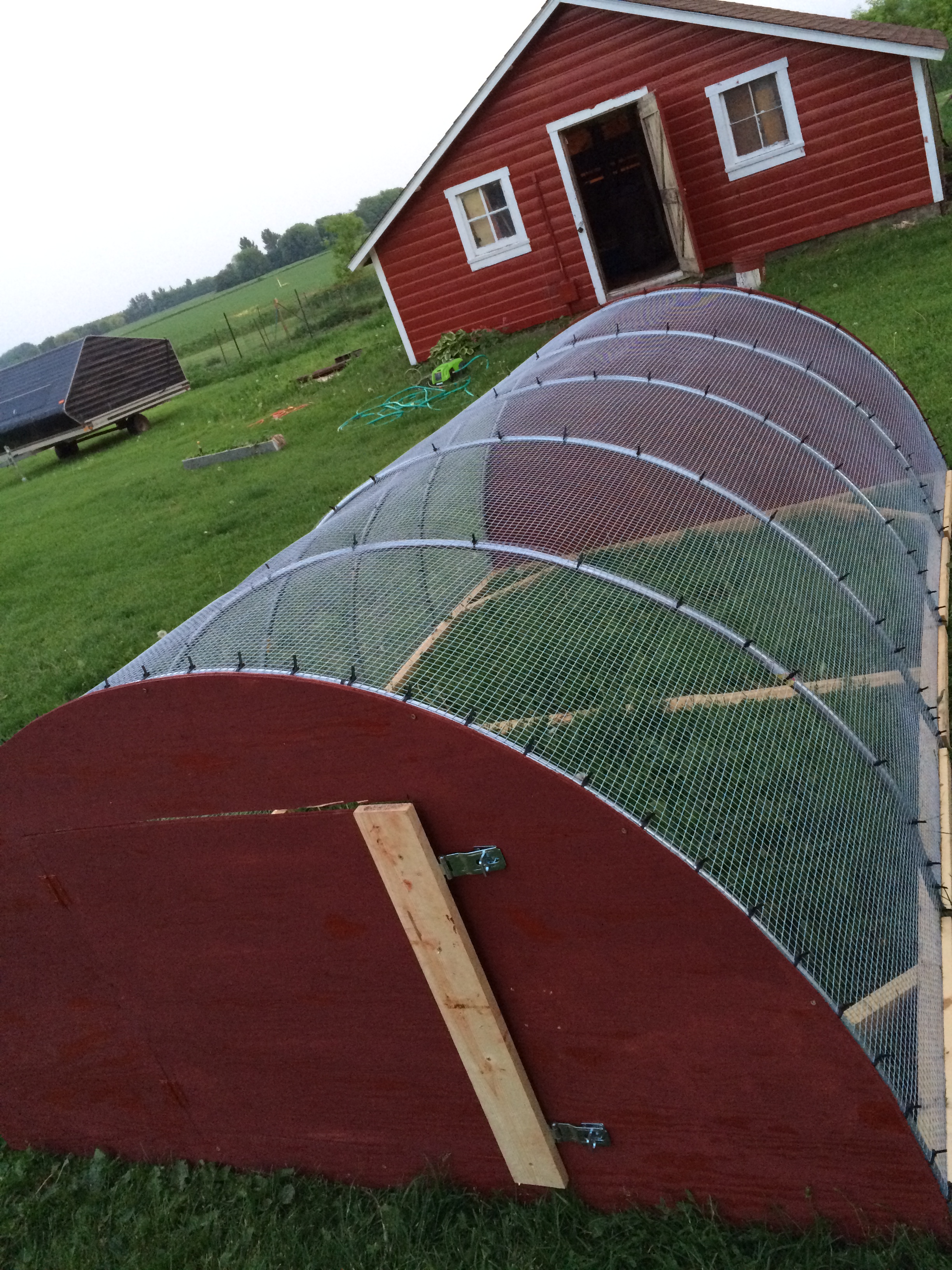 Here is the hoop house with the ends on.  The ends are 1/2 plywood.  I screwed the whole sheet to the base once the hoops were on, traced the arc, then took the sheet off and cut it with a jig saw.  I eyeballed the door with a circular saw.