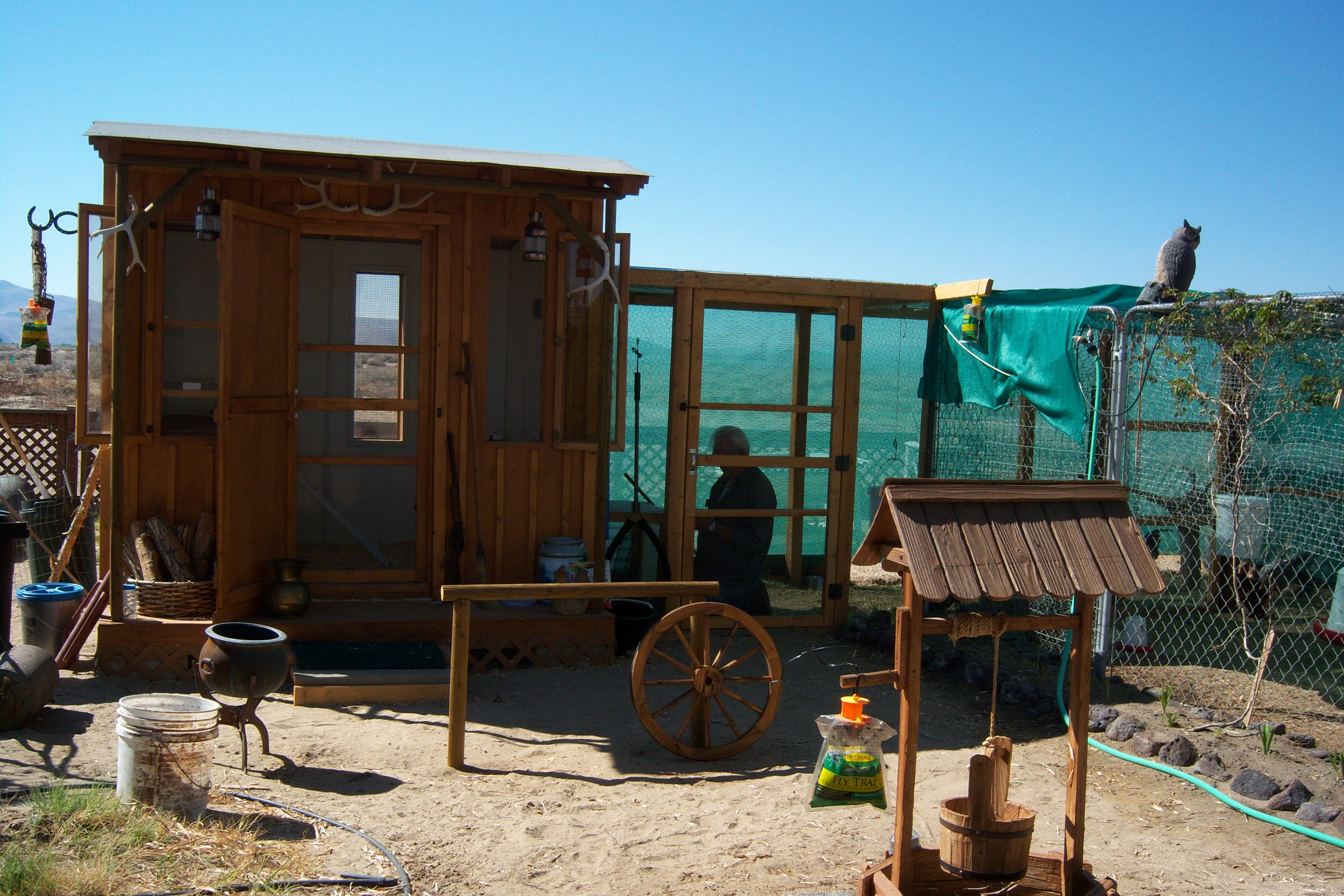 Here is the new chicken coop we built, we made it look like a homesteaders cabin
