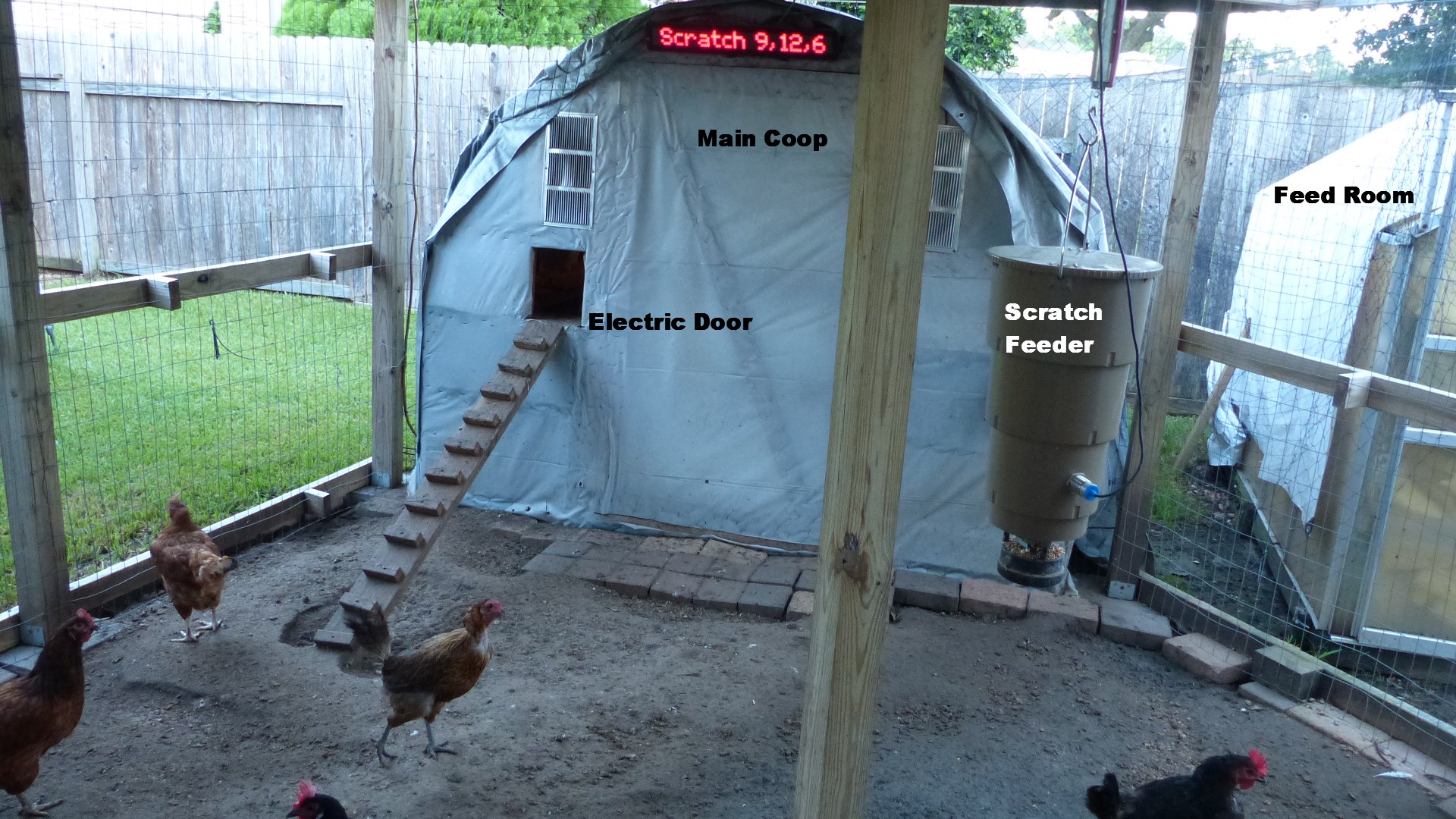 Homemade electric door.  Used an old clipboard for door.  Built tracks from scrap lumber.  Bought Add-A-Motor D20 online ($80) and used Insteon I/O controller for 12v operation and magnetic contacts to read open/close status.  All sunrise and sunset settings programmed with the ISY controller for all Insteon controls.  The door will also open during the night if the temp rises above 80 deg.  ie. A/C failure, fire, etc.  Feed room on right side is the Harbor Freight 6' x 8' Greenhouse with a tarp over it.  This is where it all started...FFA 50 Broiler project for my daughter in 2015.  50 broiler chicks to full grown in 8 weeks.  Raised them in greenhouse, then built Main coop so we didn't have to cull out the small ones.