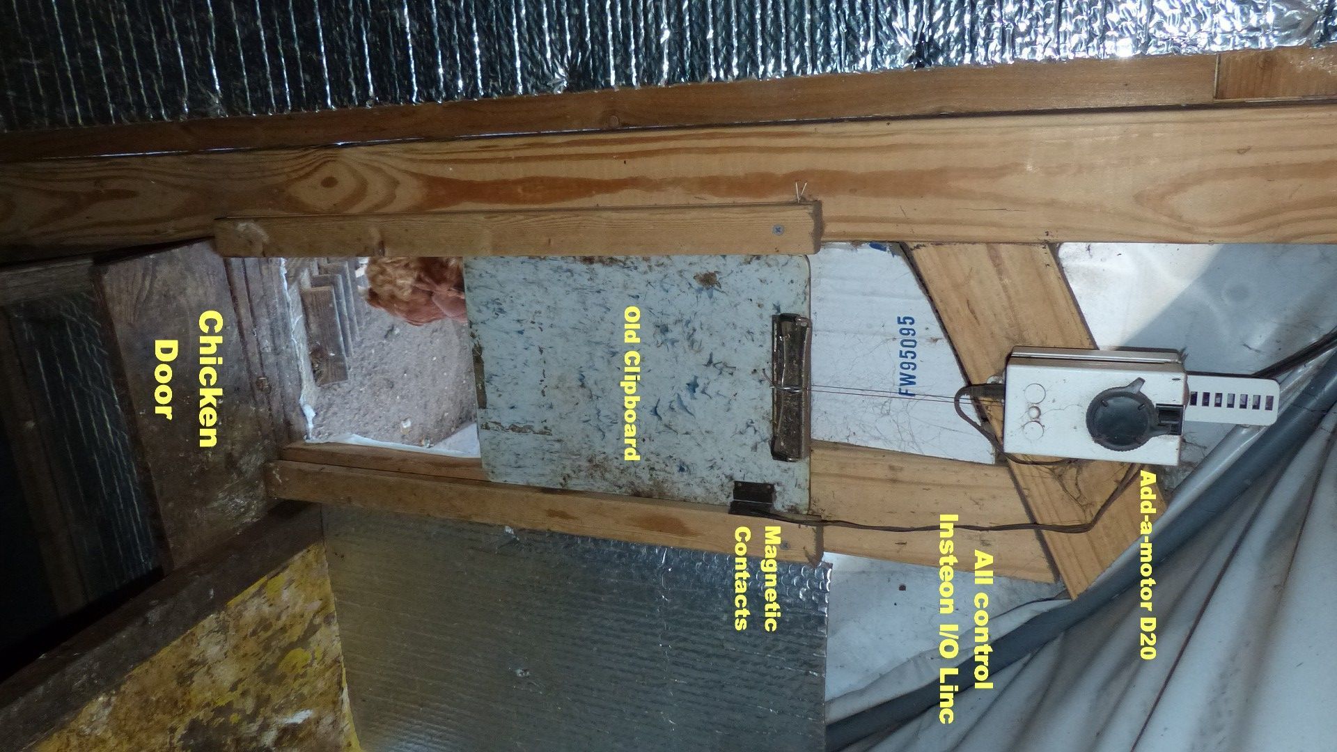 Homemade electric door. Used an old clipboard for door. Built tracks from scrap lumber. Bought Add-A-Motor D20 online ($80) and used Insteon I/O controller for 12v operation and magnetic contacts to read open/close status. All sunrise and sunset settings programmed with the ISY controller for all Insteon controls. The door will also open during the night if the temp rises above 80 deg. ie. A/C failure, fire, etc.