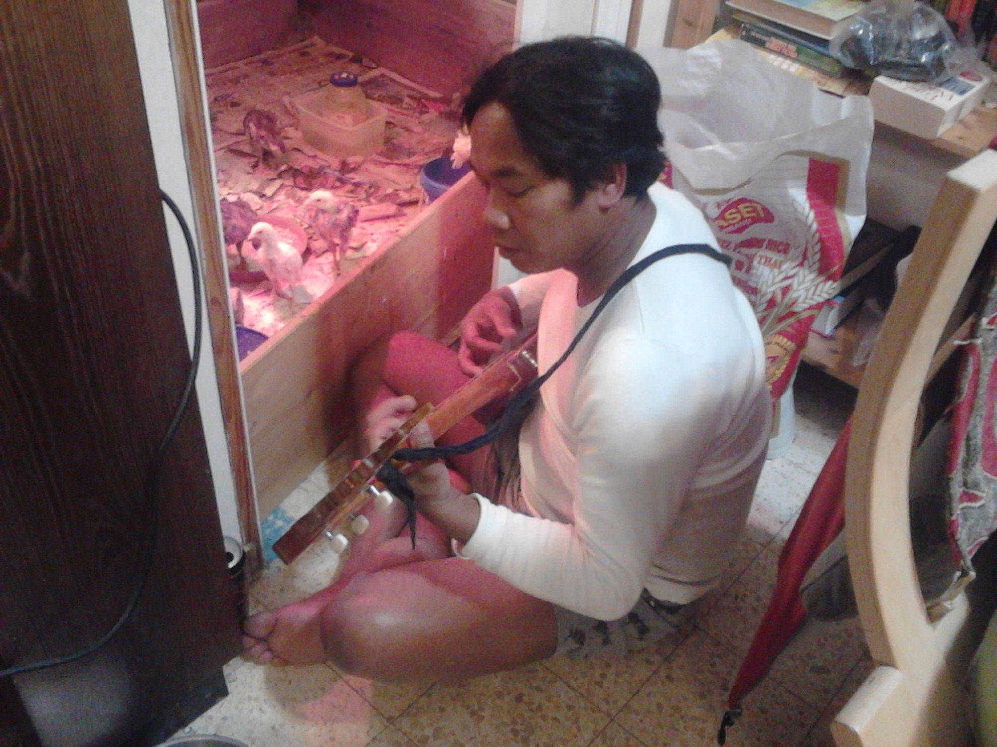 hubby playing a issaan thai musical instrument = the phin, for his beloved thai chicks (every night)