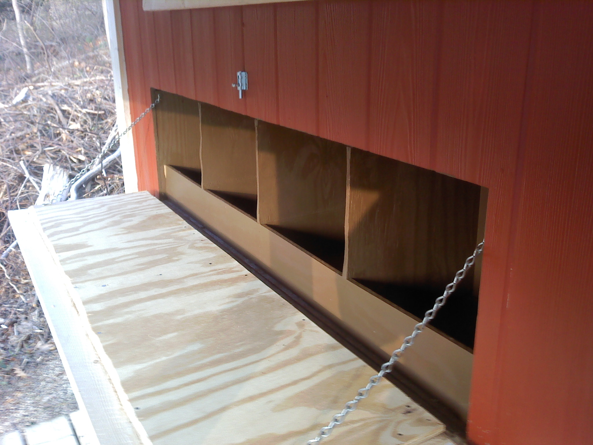 I am able to access the nesting boxes from the covered deck. Good for collecting eggs in the rain.