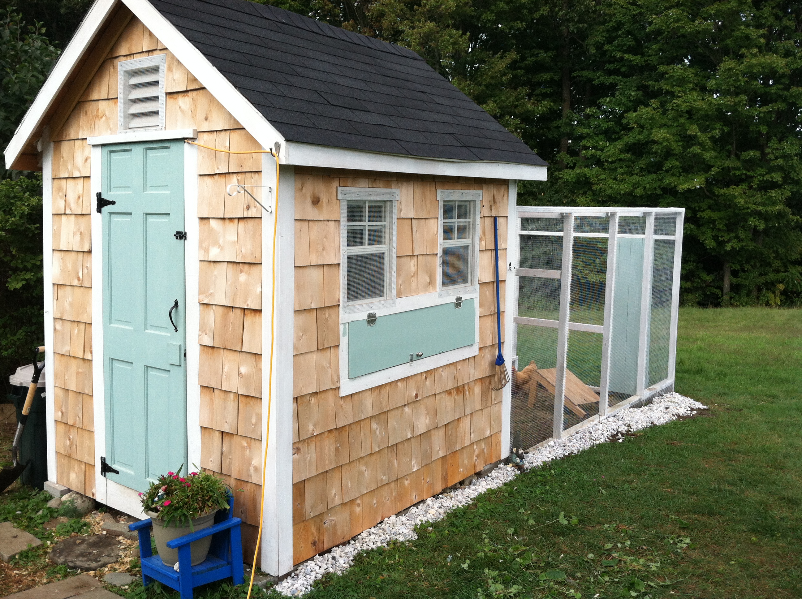 I copied a coop from another person on this website and changed it slightly and enlarged it to fit my needs.  The chickens seem happy!