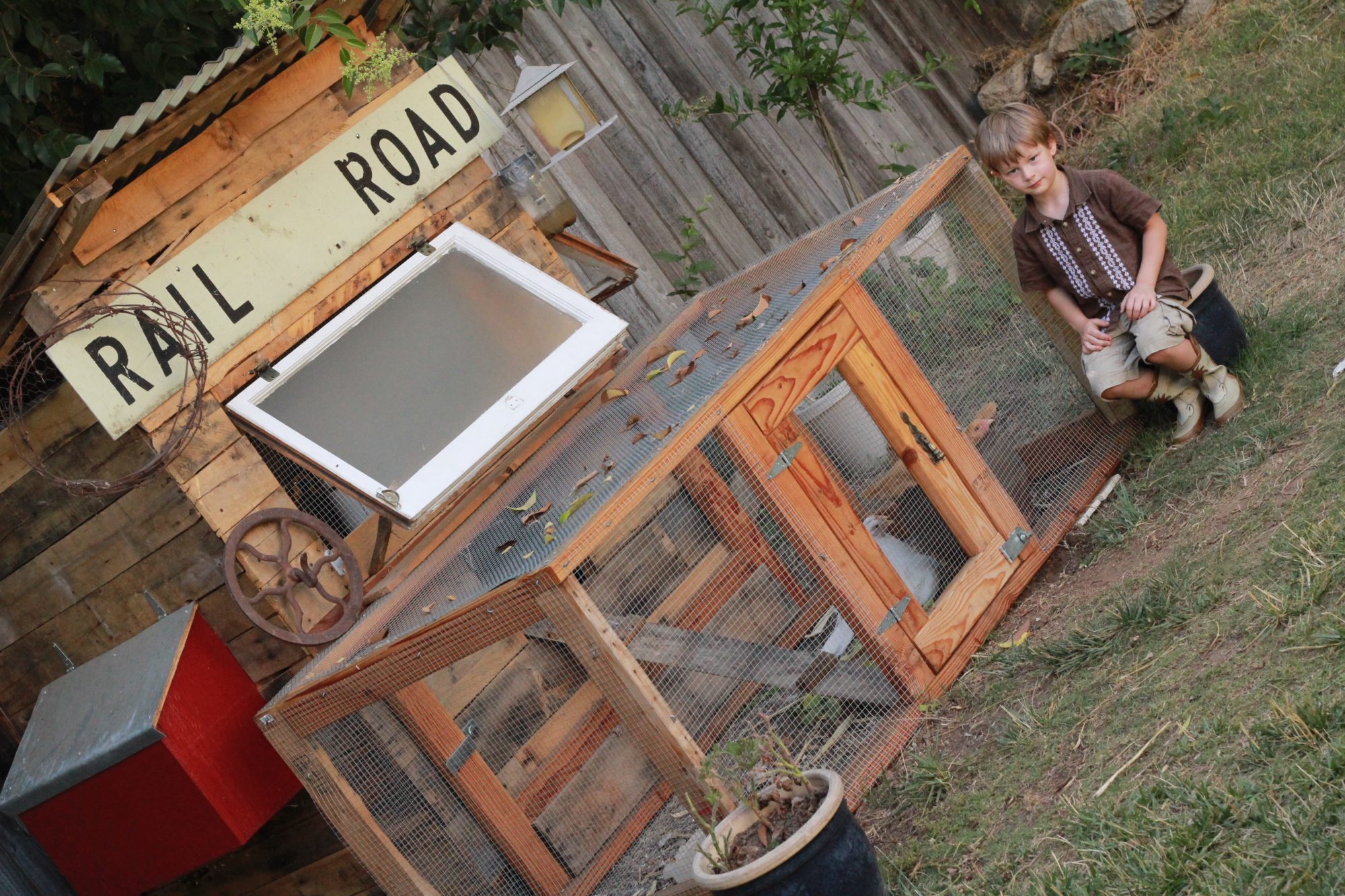 I designed this coop based on many ideas I gathered from BYC.  I built it from used wood pallets and discarded materials I found lying around town.  We've got 2 Buff Orpington, 1 White Rock, 1 Leghorn.  My kids love our chickens.