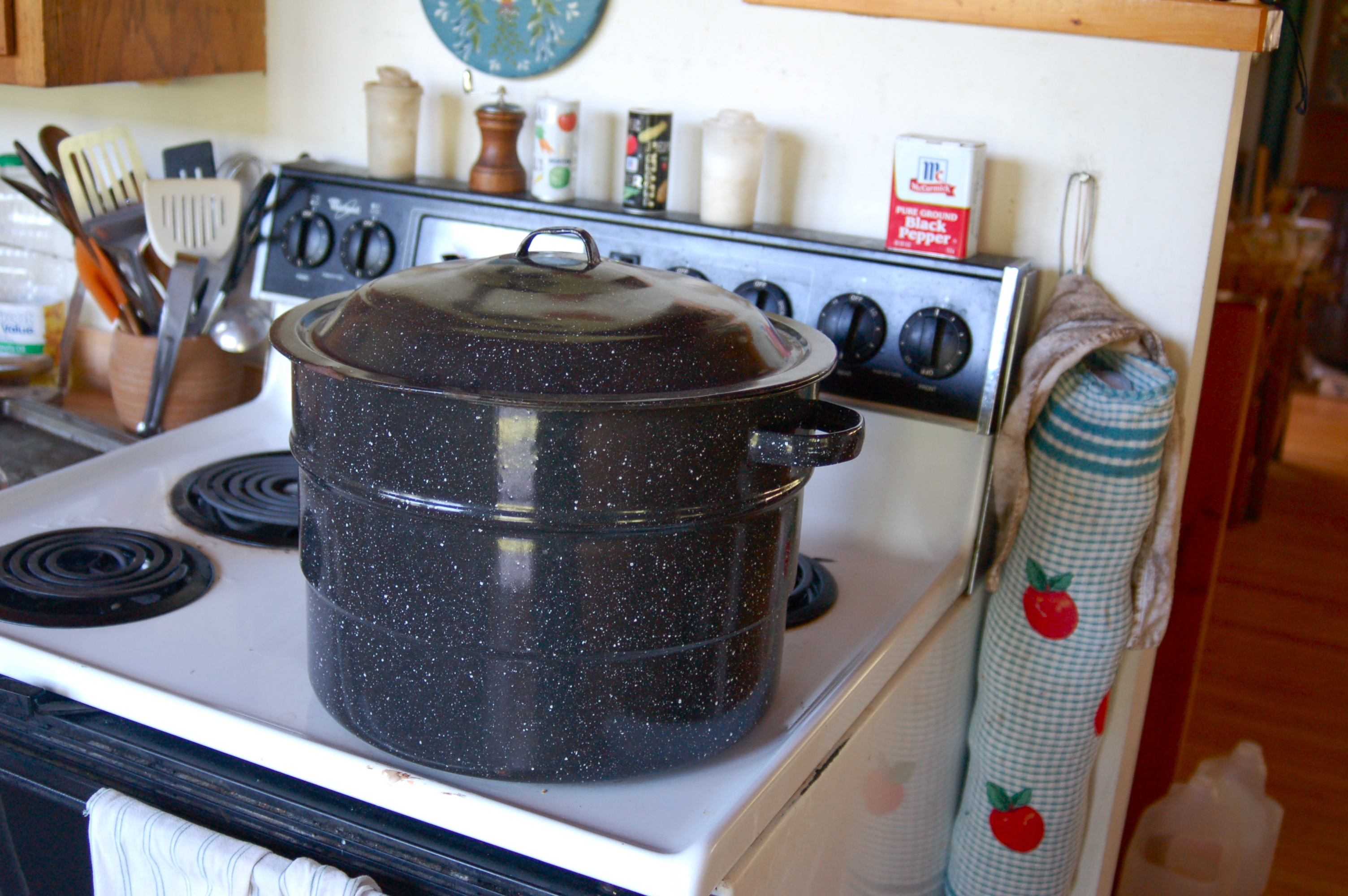 I didn't have an outdoor stove, so I used an indoor stove and a huge scald pot. I used a cheese thermometer to check the water and make sure the scald was not too hot.