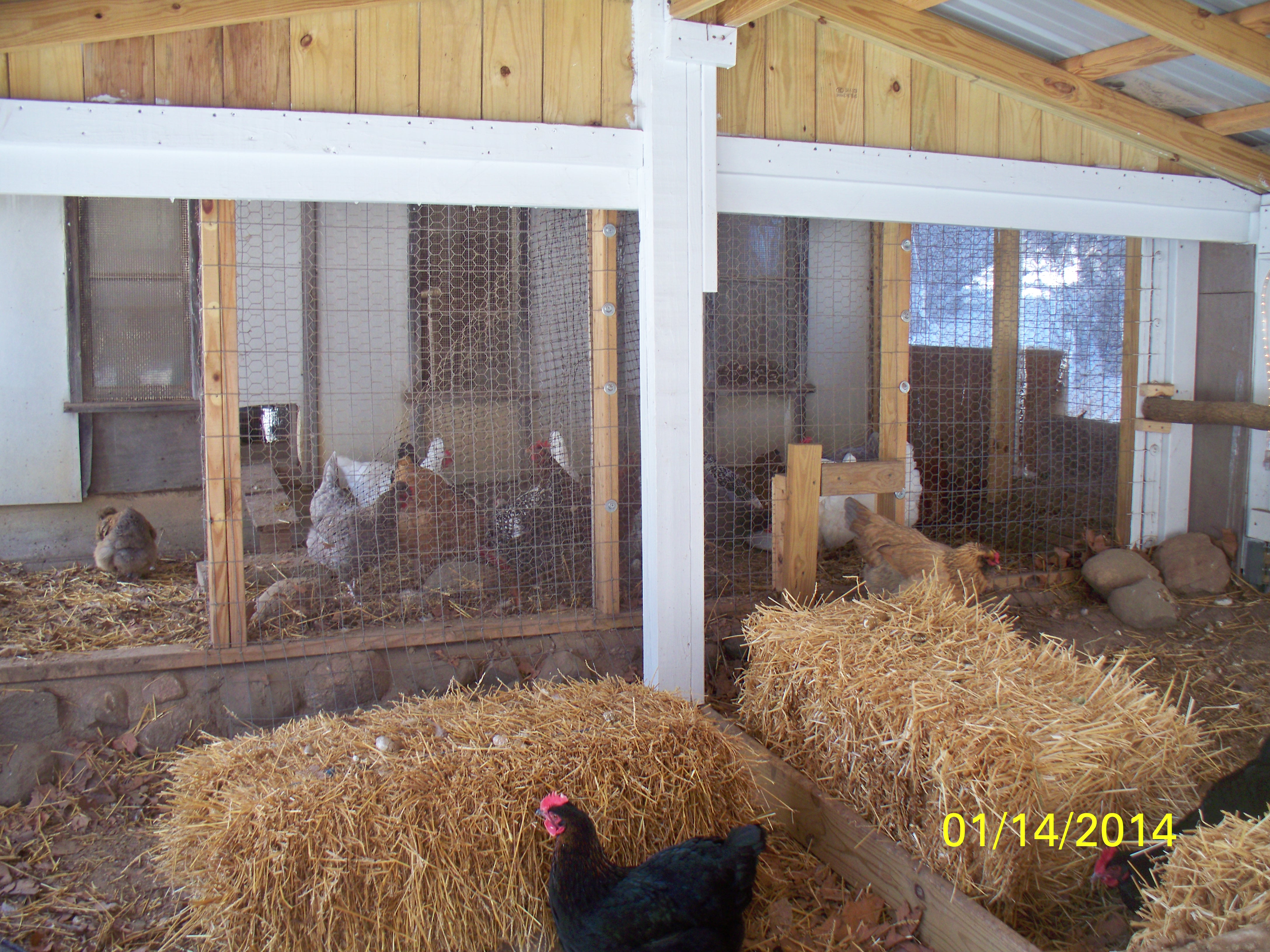 I have the small run is already divided part way. 
I put straw bales in the run and the girls love jumping on them, sitting on them and gives them a place to hide behind to get away from any bossy hens. They love to peck at the pieces of straw and when I need to add straw to the coop I have some available. In the winter the poo comes off readily.