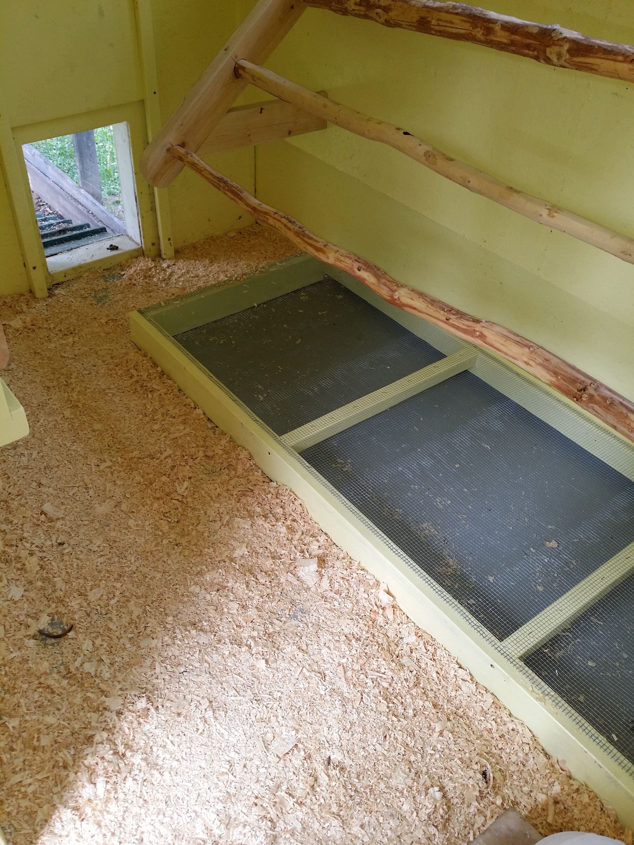 I installed a screen under the roost then used a piece of plexiglass as the poop board under the screen. I found out two things when fooling around. First is that the poop washes of the plexiglass better then anything I have tried hands down. The second thing was by total accident. I didn't have the right size of holes in the screen in the yard at the time so I temporary installed a screen with 1/4" x 1/4" holes. The poo just stayed on top of the screen and didn't fall through the screen. What I learned is that when the poo is on the screen it dries right away because it gets air all around it and there is no smell but when the poo hits the floor it stays wet and sticks to the floor. Now this is where the wet poo smell comes from. So I sized my screen so that the poo hits the screen, dries then shrinks and falls to the poop board as a dry powder. No smell and the poop board doesn't have any poo stuck to it. :)  If there is any poo that doesn't fall through the screen the chickens push it though when walking on the screen. For the most part there is no poo inside the coop it is all contained on the other side of the screen.