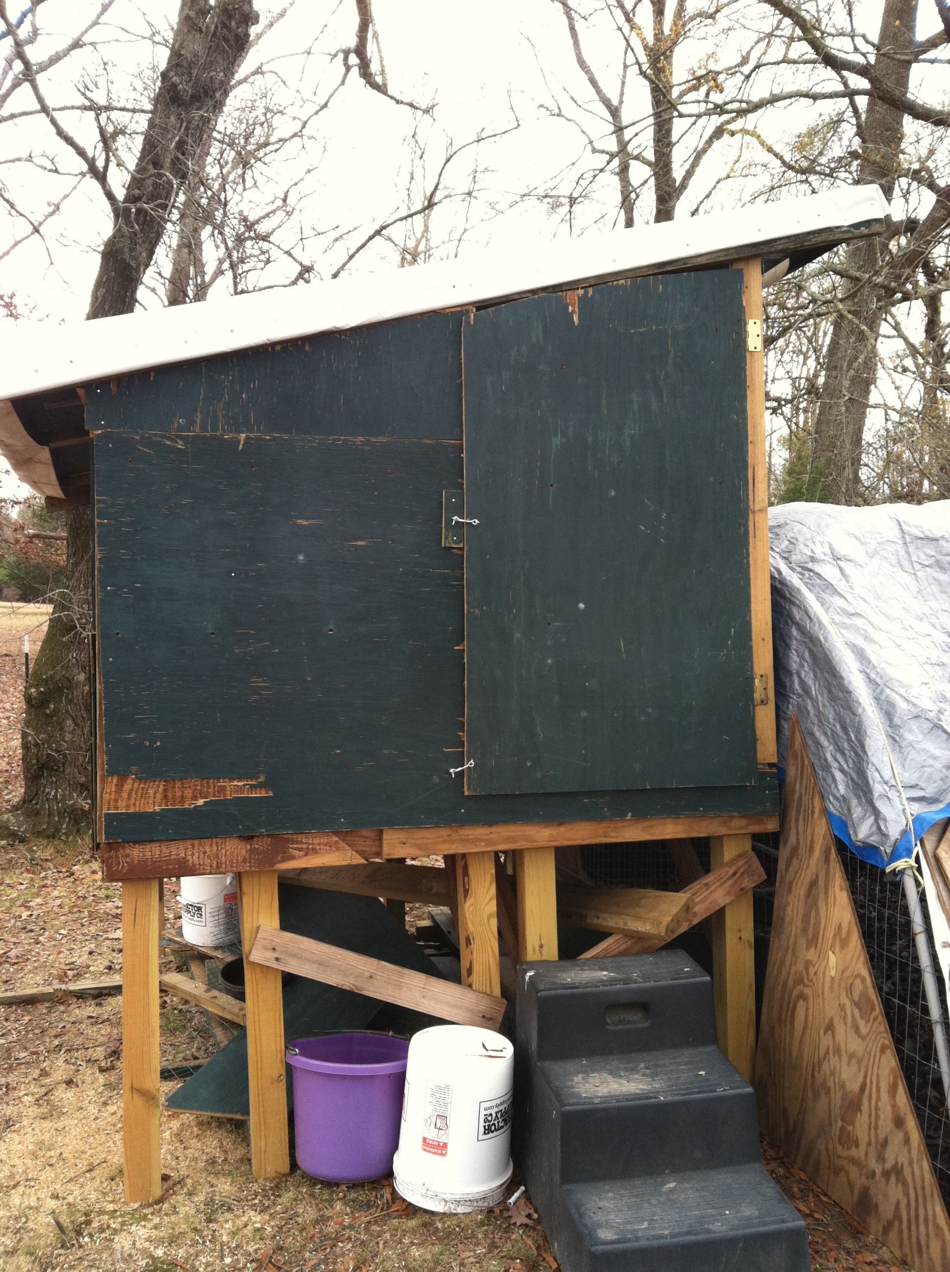 I made the floor out of tables used at an auction place. The roof is covered with a large heavy plastic sheeting from an old billboard sign. I have since cleaned out underneath the coop and put wire around the bottom and added 2 more nest boxes. Very shady and cool in the hot summer. More ventilation is used then, too.