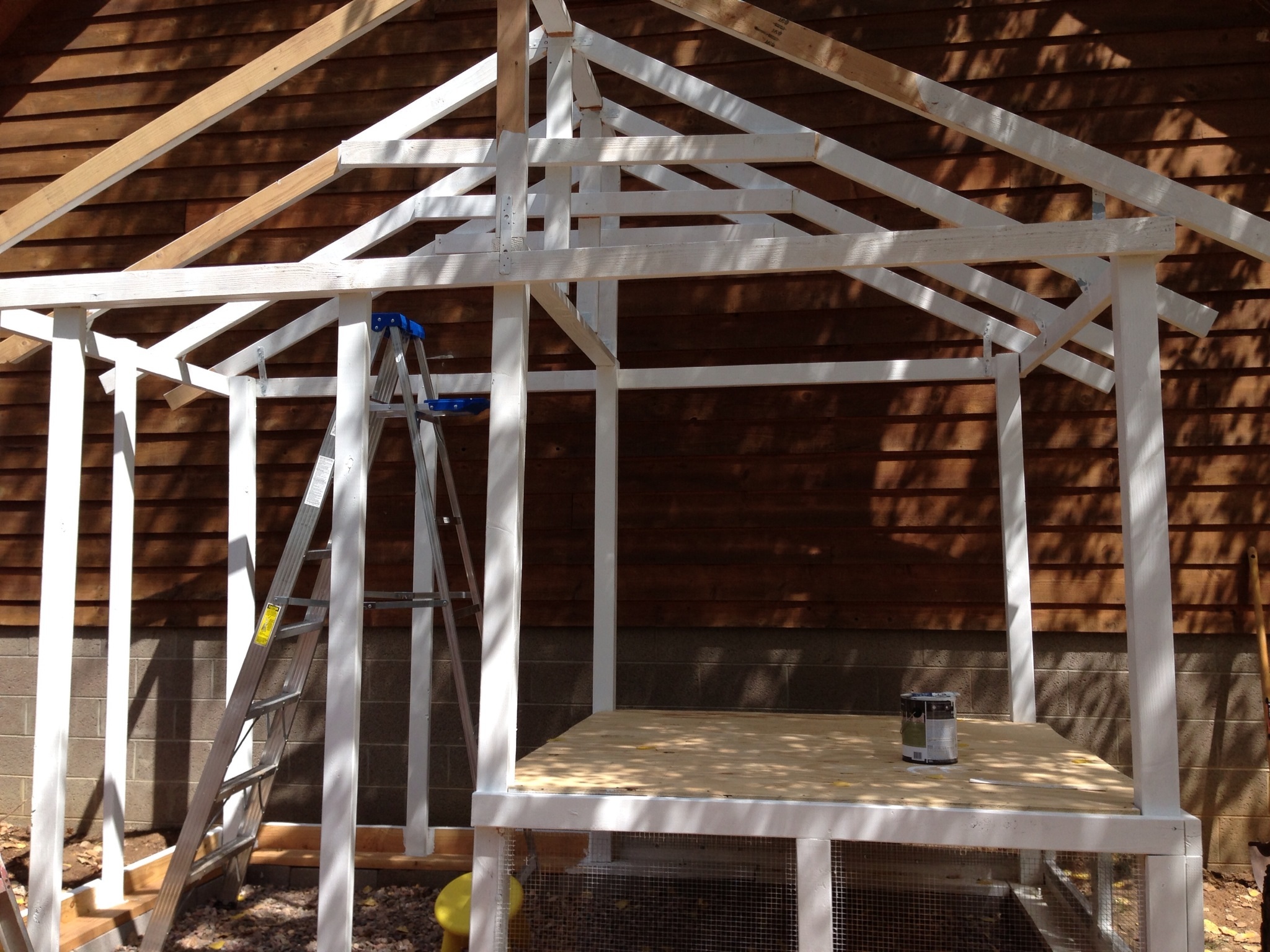 I started painting & we put the floor of the henhouse down using 1/2" plywood raised 2 feet off the ground.