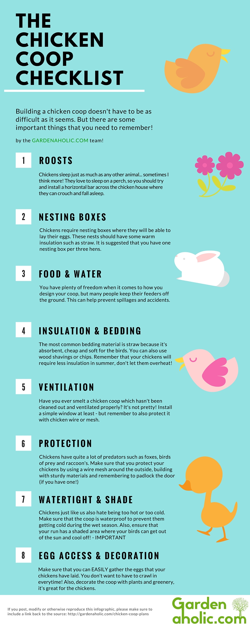 I tried to create an easy to consume and easy to read infographic on the things that you need to include in your chicken coop. I did this because some people seem to be confused about what basics they actually need to build their own coop.

Originally at: gardenaholic.com/chicken-coop-plans
