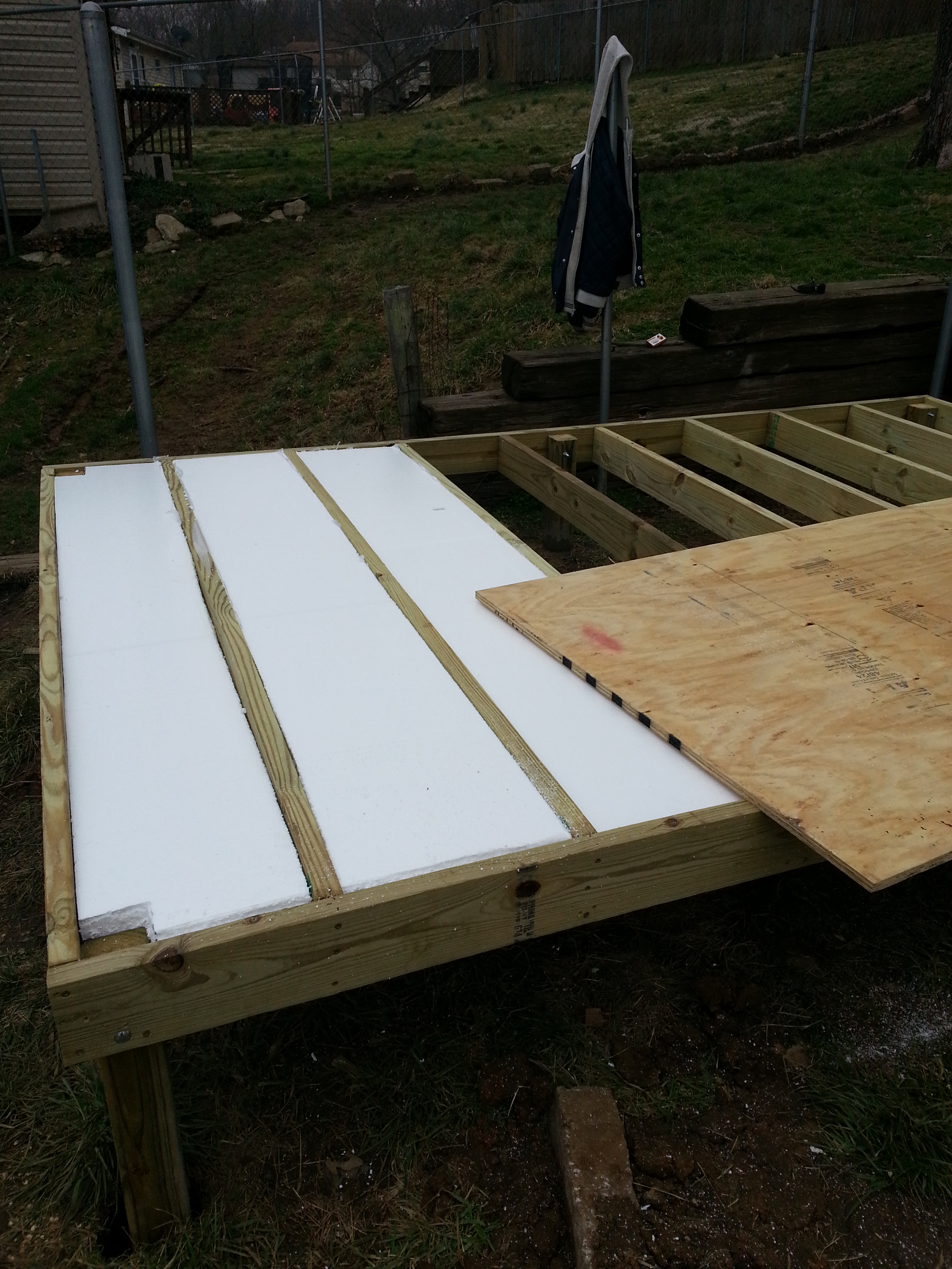 I used a closed cell foam to insulate the floor of the coop. Due to the fact its about 2 feet off the ground. Compared to being about a half foot high on the other side.