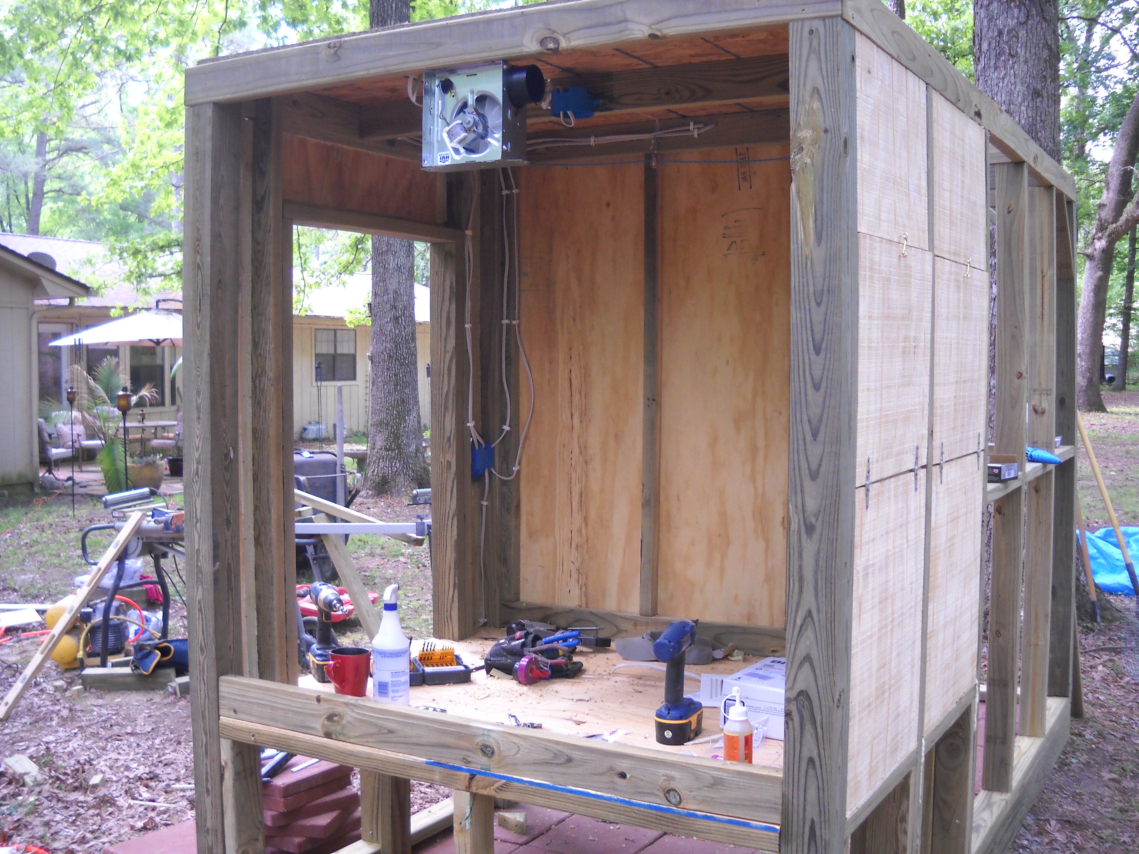 I wired the Coop to include A light in the Hen House, (or a heat lamp in the winter), A light in the Coop itself, a fan to help with ventilation inthe summer time and an outlet in the front as well as one up at the rafters for a bug zapper.